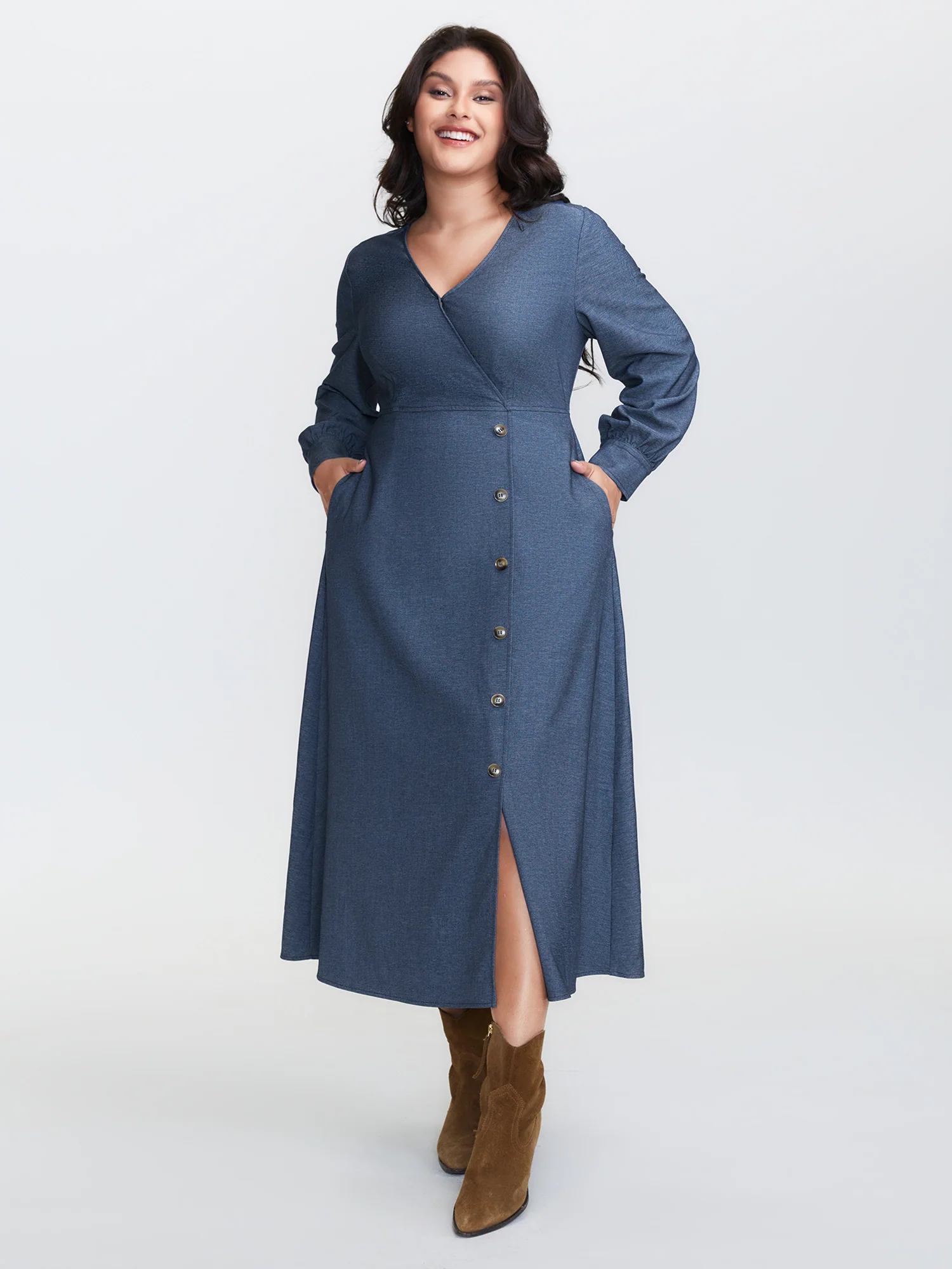 Waist Defining Buttons Pockets Maxi Denim Dress