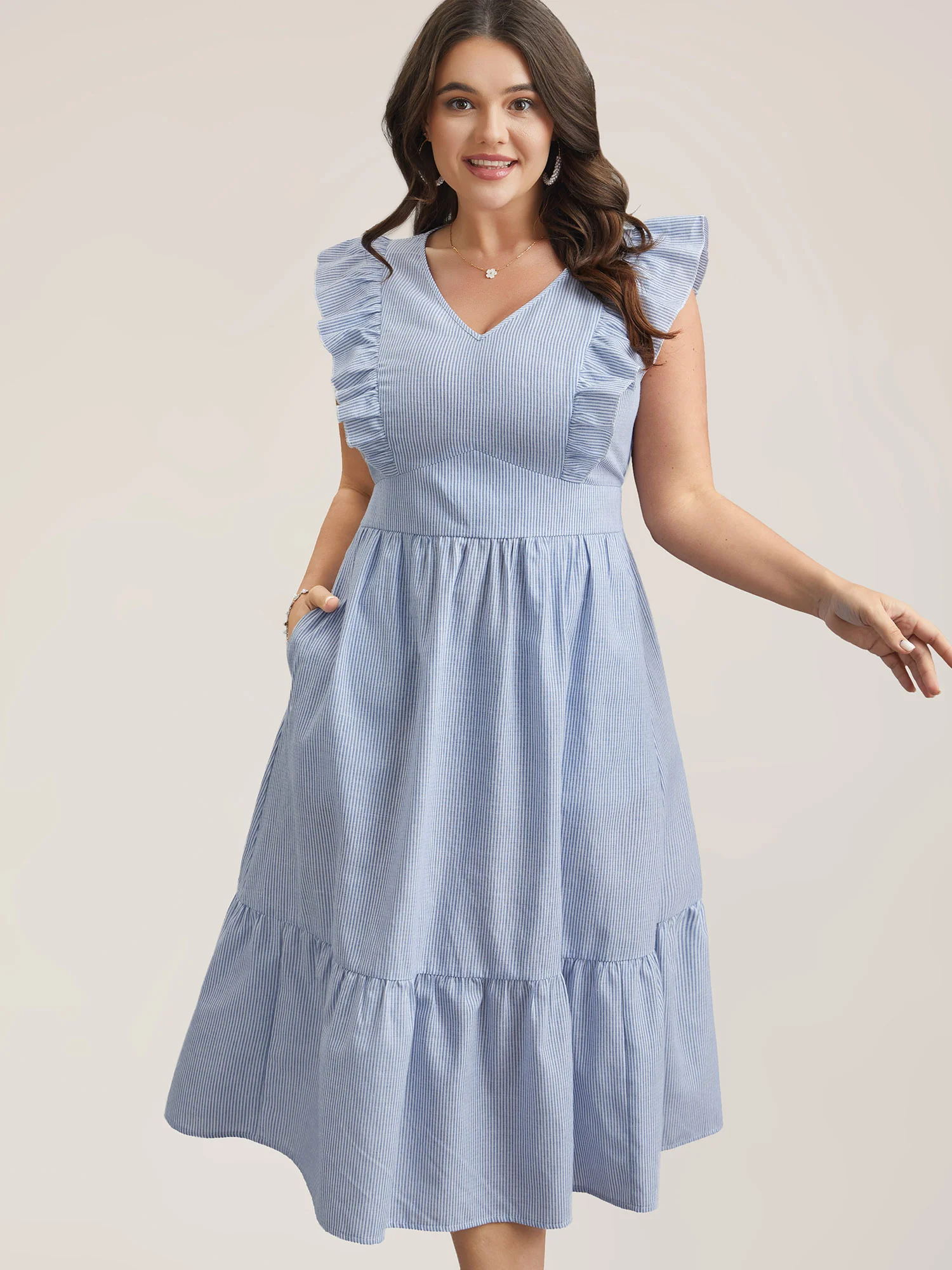 Ruffled Striped Print Triangular Waist Midi Dress