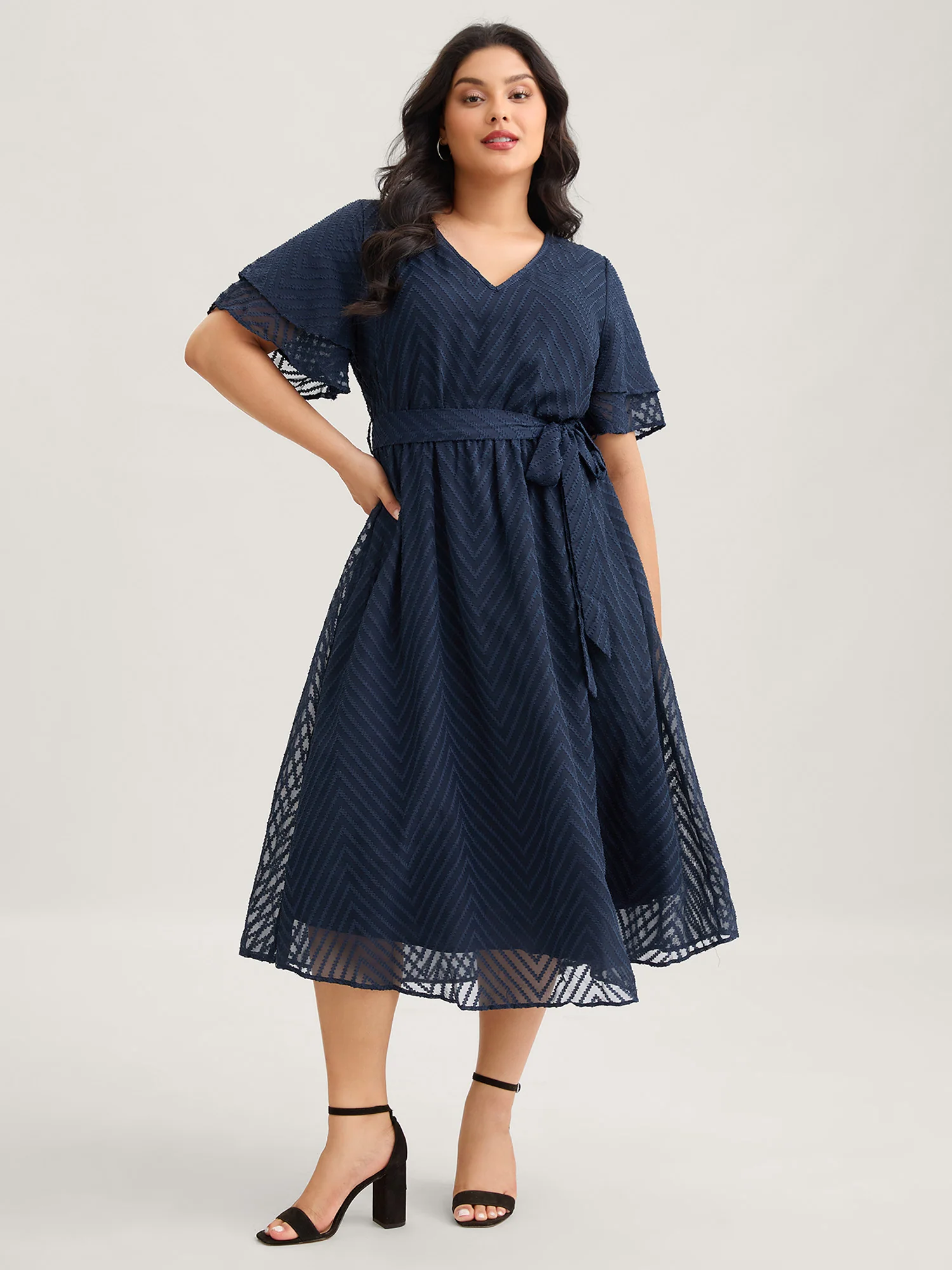 Texture Tiered Ruffle Sleeve See Through Dress
