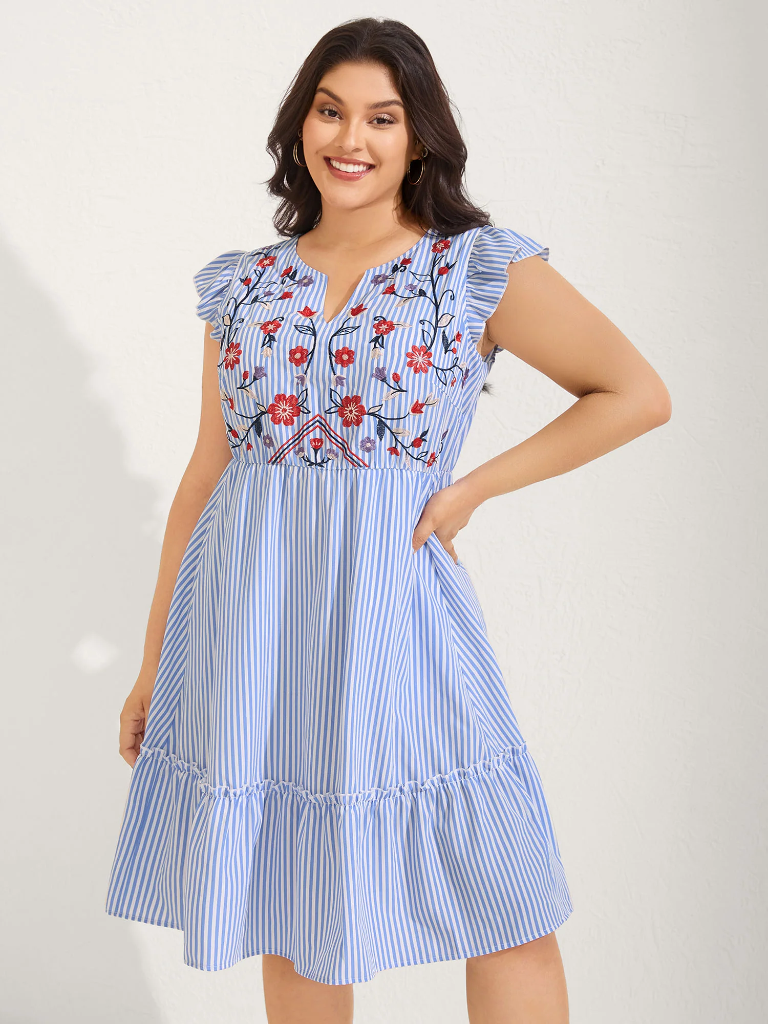 Floral Embroidery Stripes Flutter Midi Dress