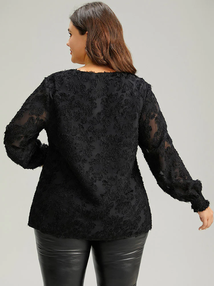 Plain Appliques Mesh V Neck Shirred Blouse