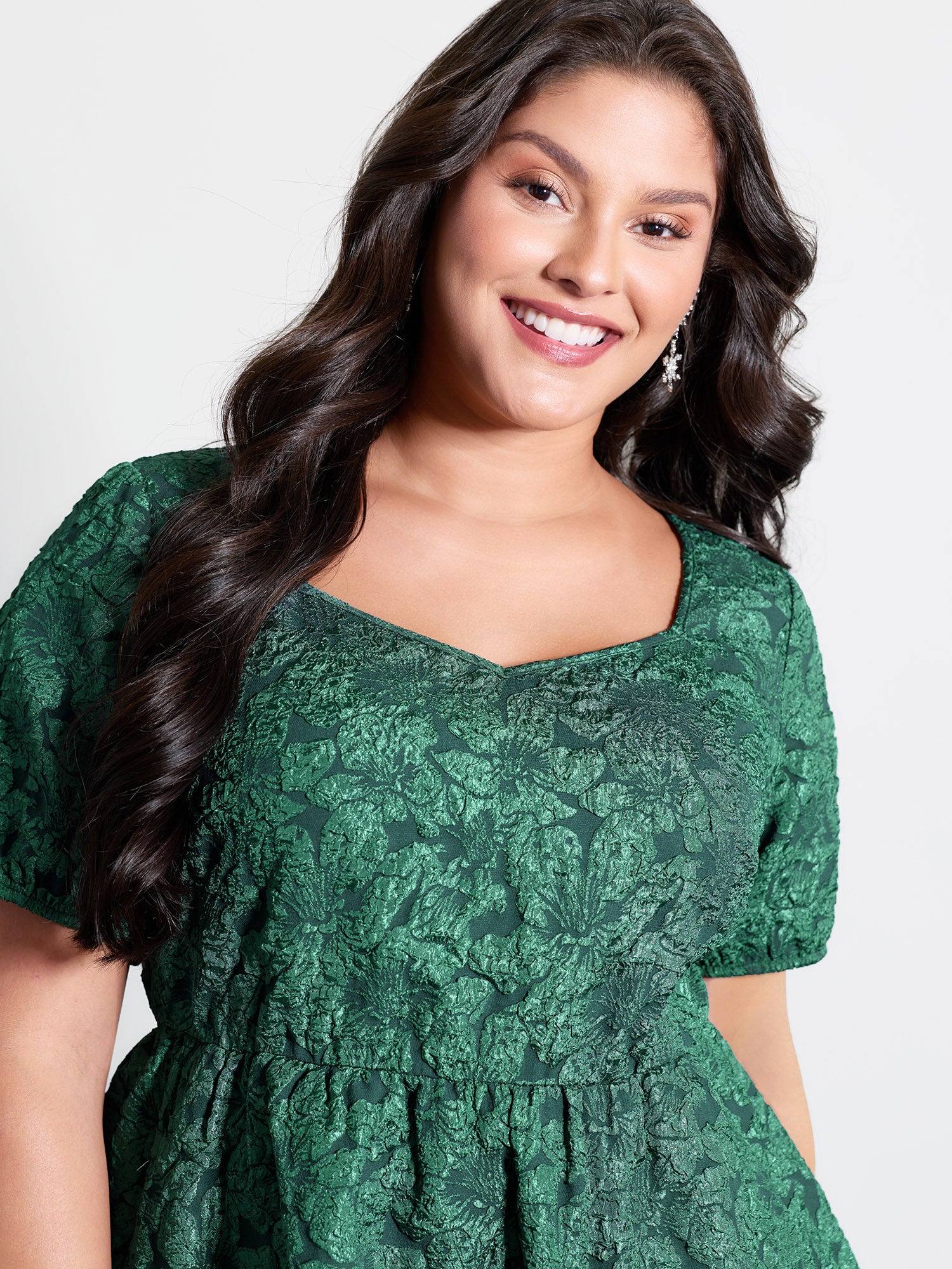 Textured Jacquard Puffy Sleeve Knee Dress