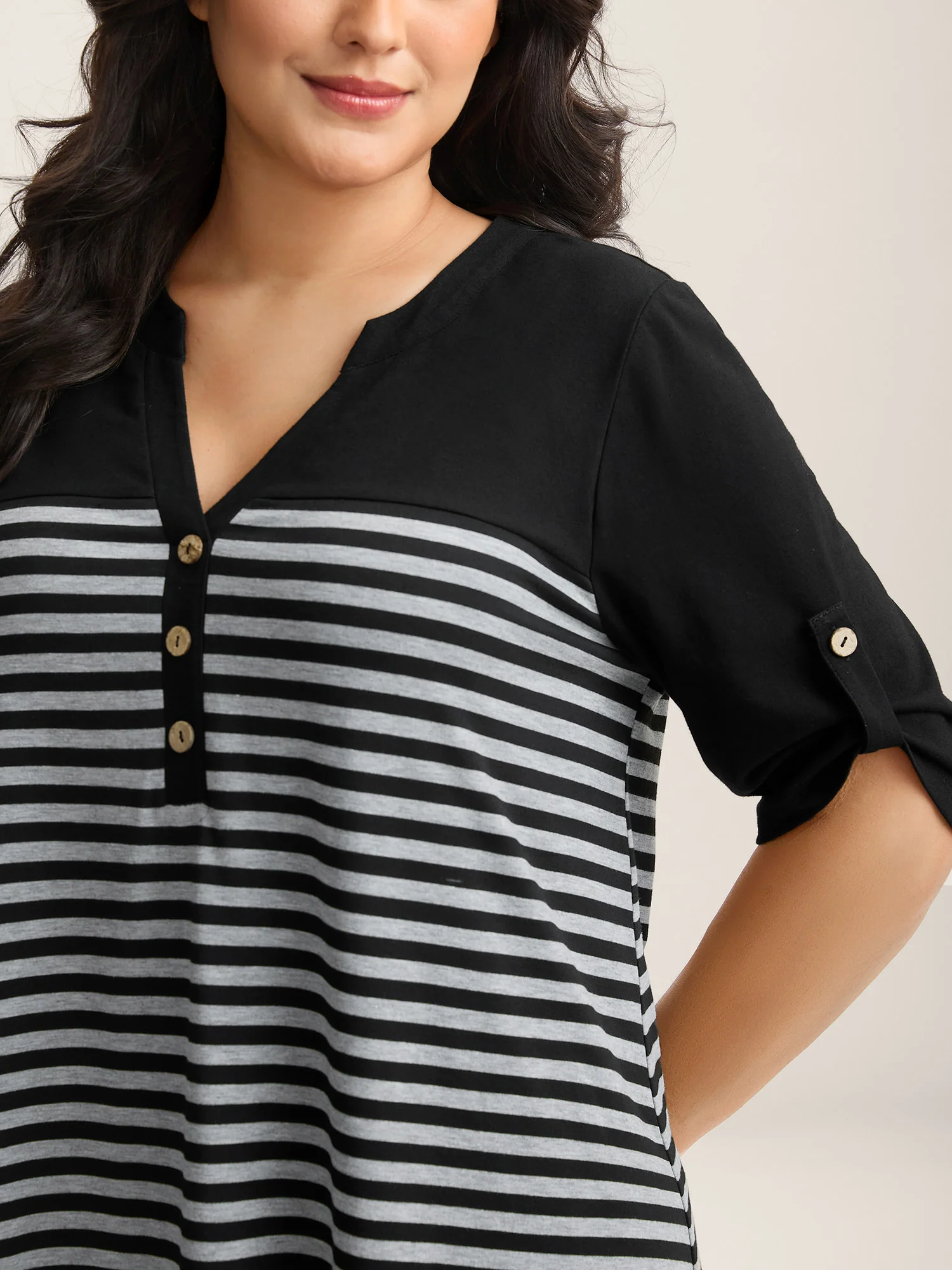 Stripes Button Tab Sleeve Midi Dress