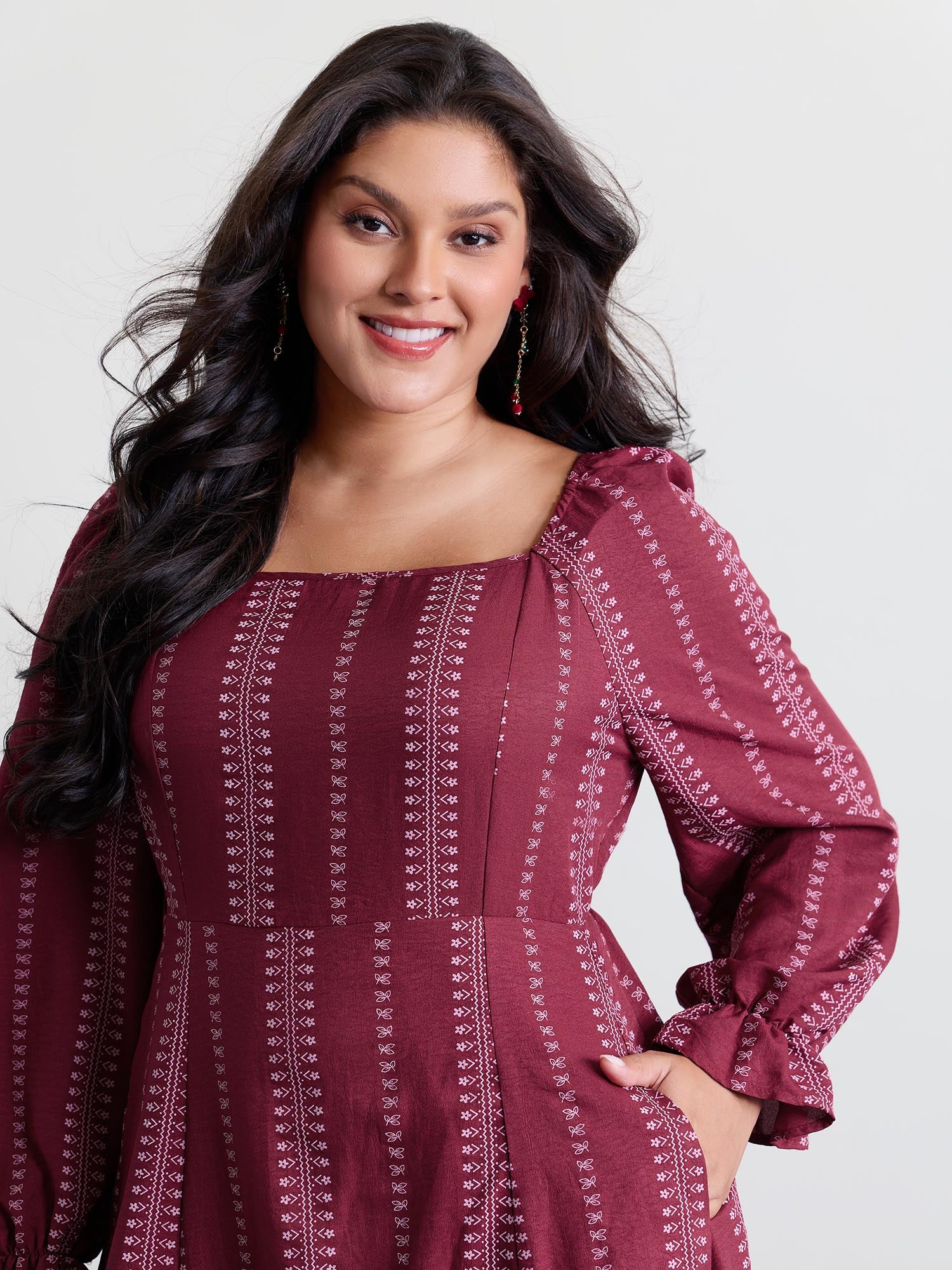 Textured Waist-Defining Square Neck Maxi Dress