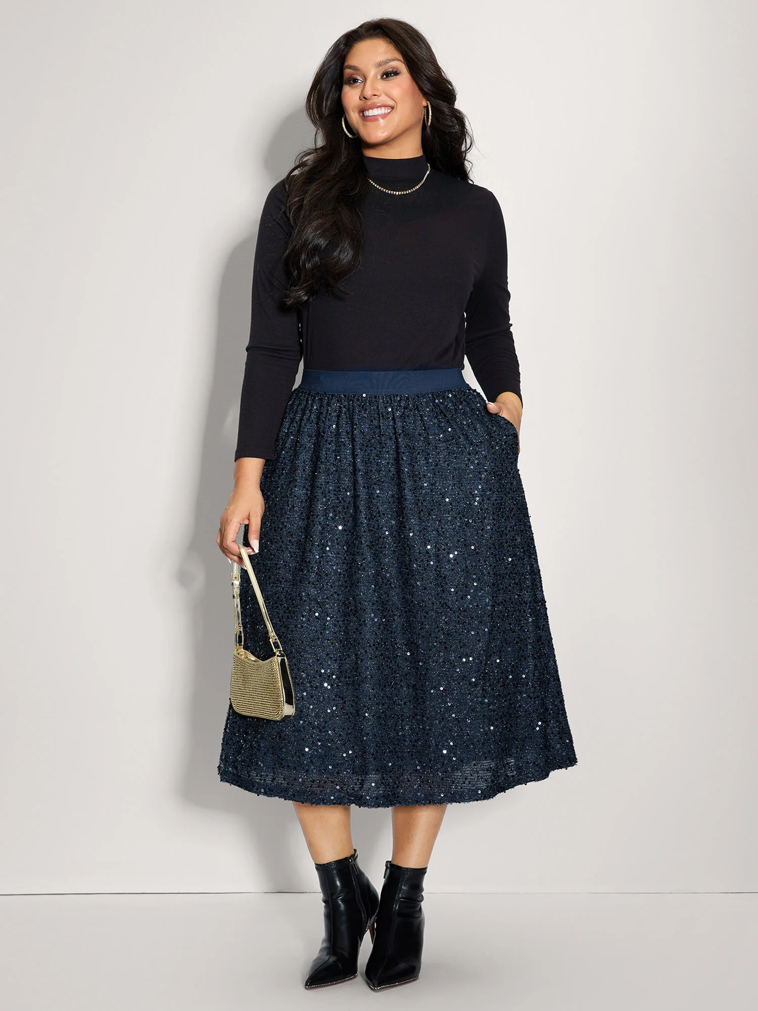 Shimmery Sequin Shirred Waist Midi Skirt