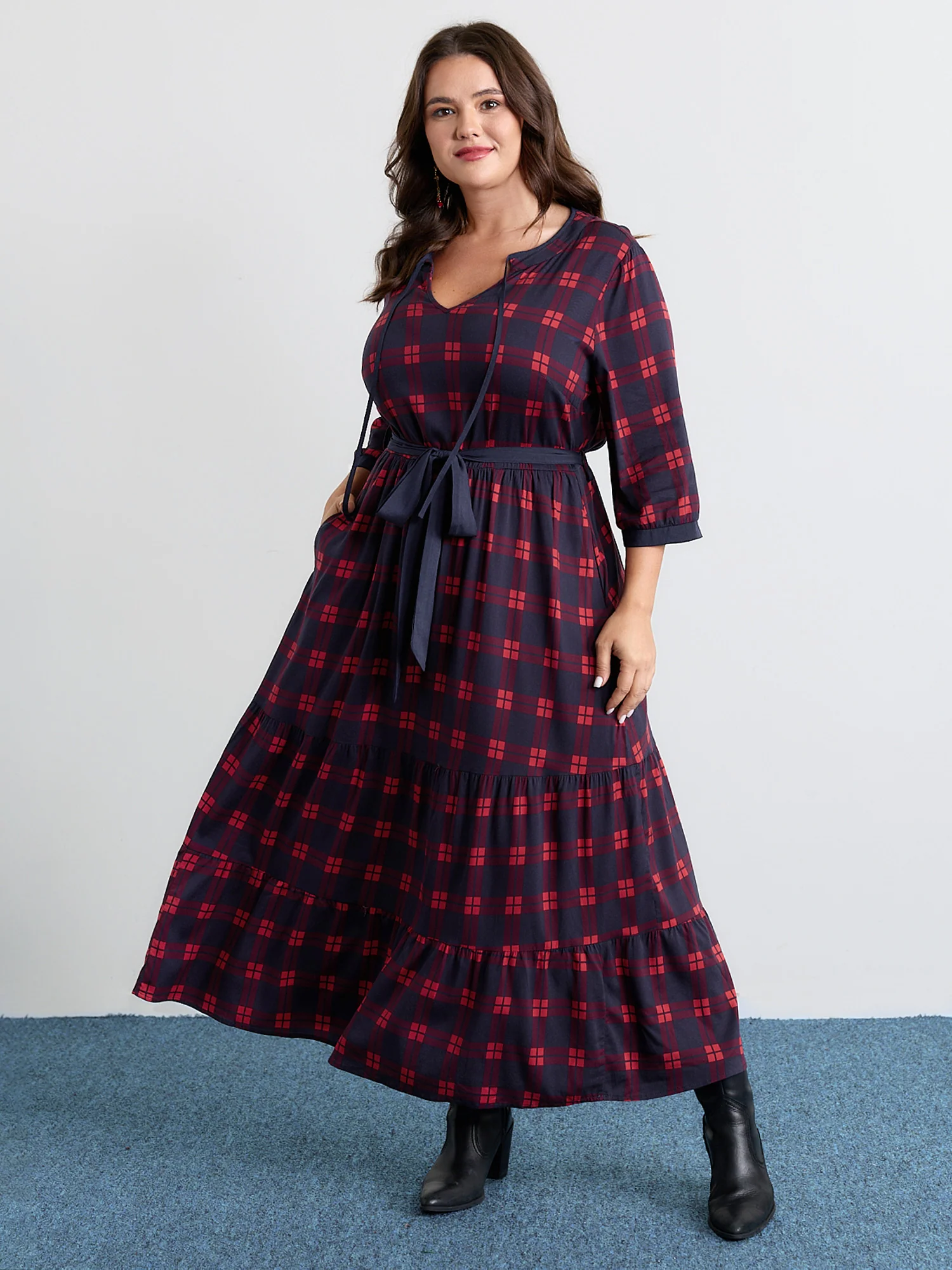 Holiday Plaid Waist-Tie Maxi Dress