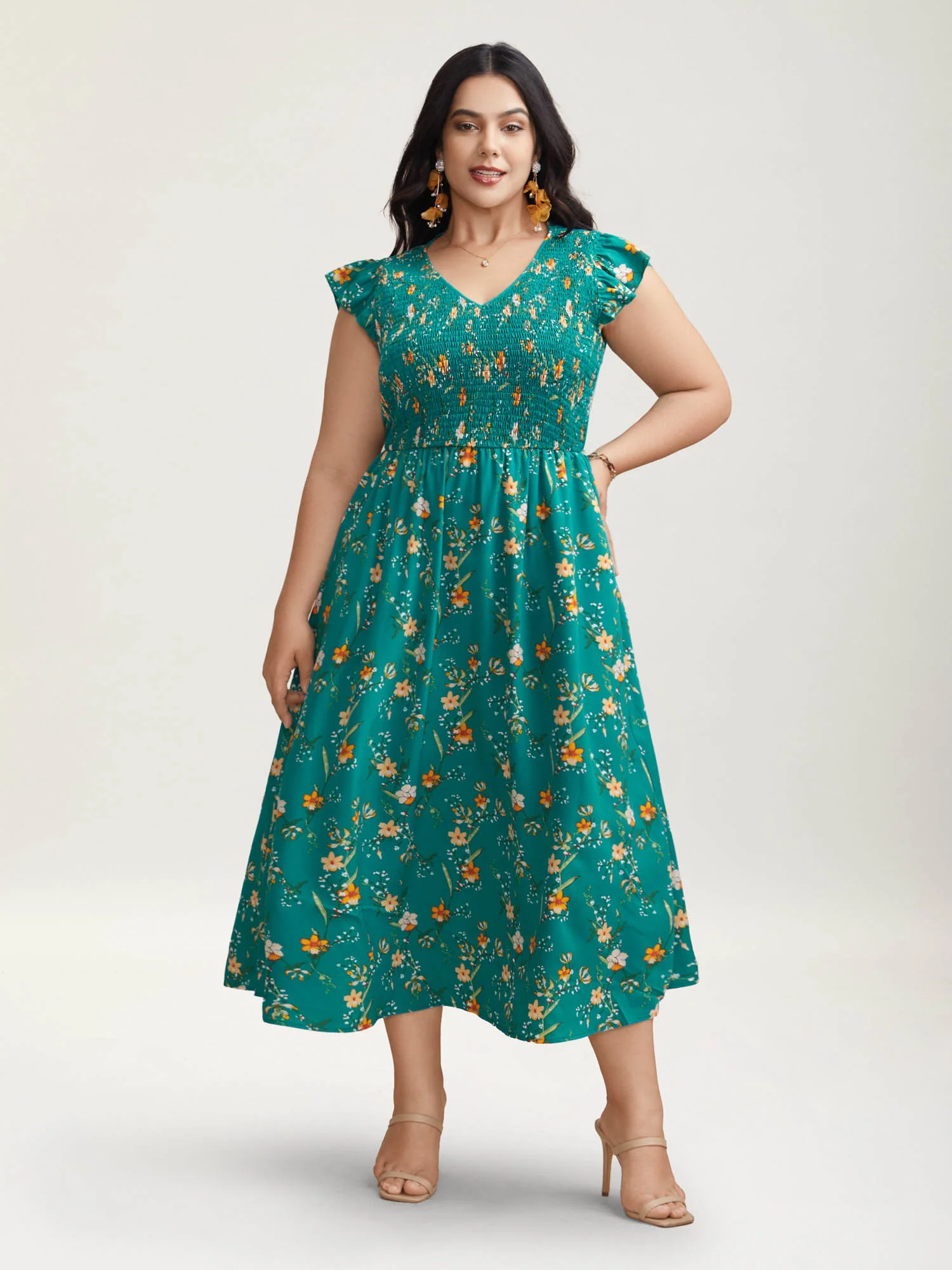 Shirred Printed Flutter Sleeve Pockets Maxi Dress