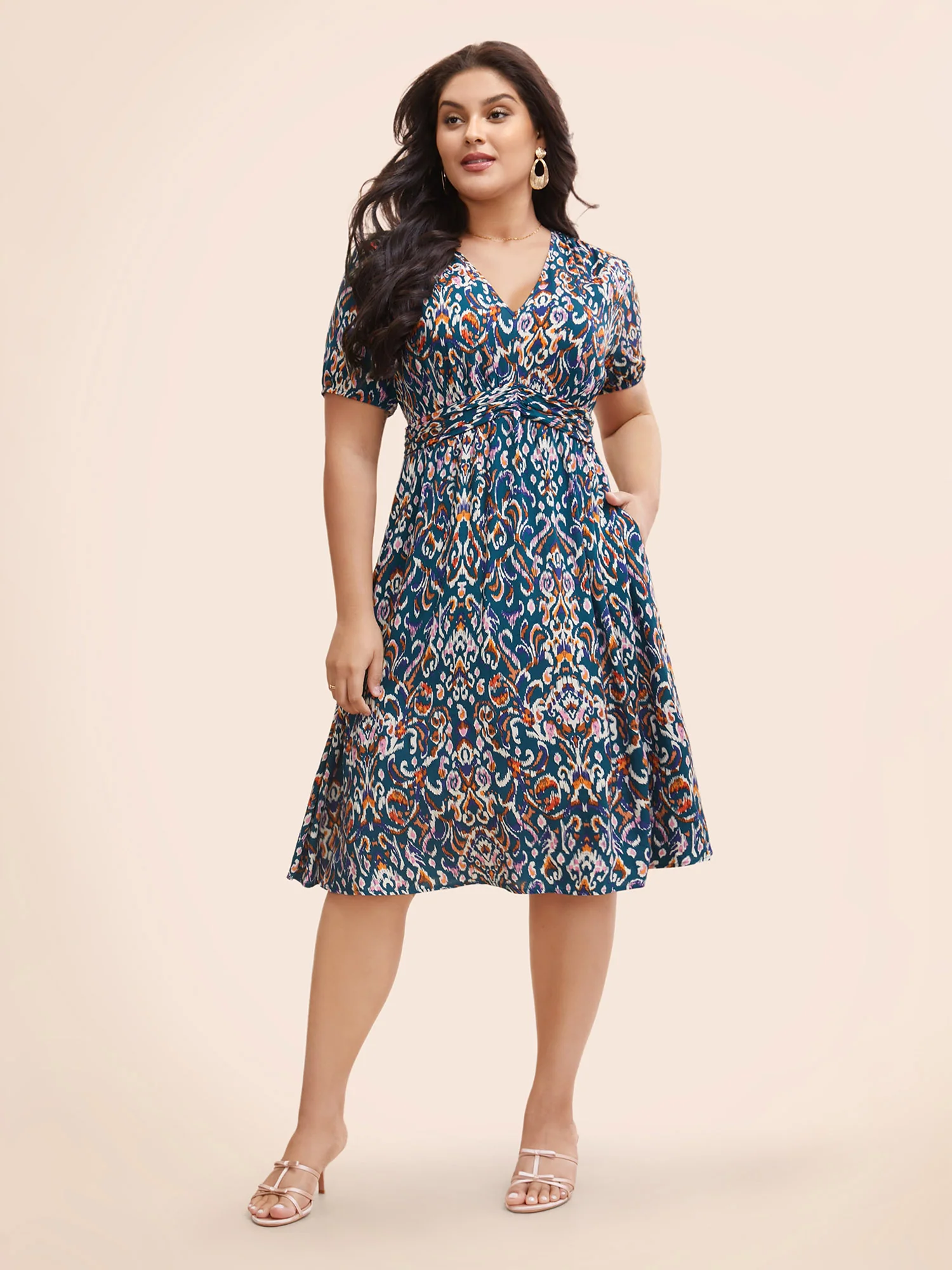 Bandana Print V Neck Shirred Gathered Dress