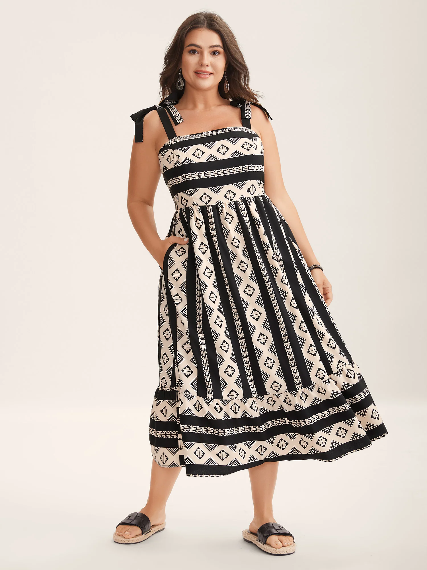 Boho Stripes Bow Pockets Midi Dress