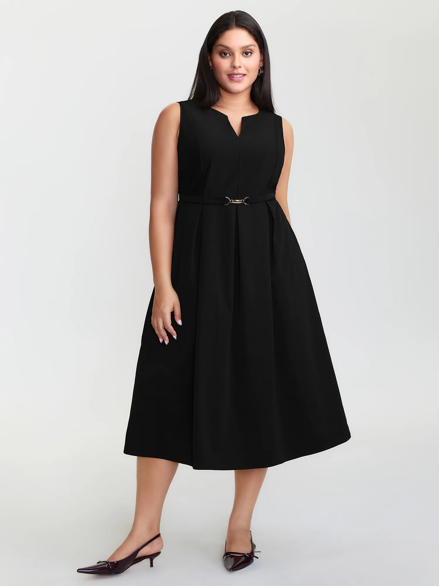 Split Neckline Waist Defining Midi Dress