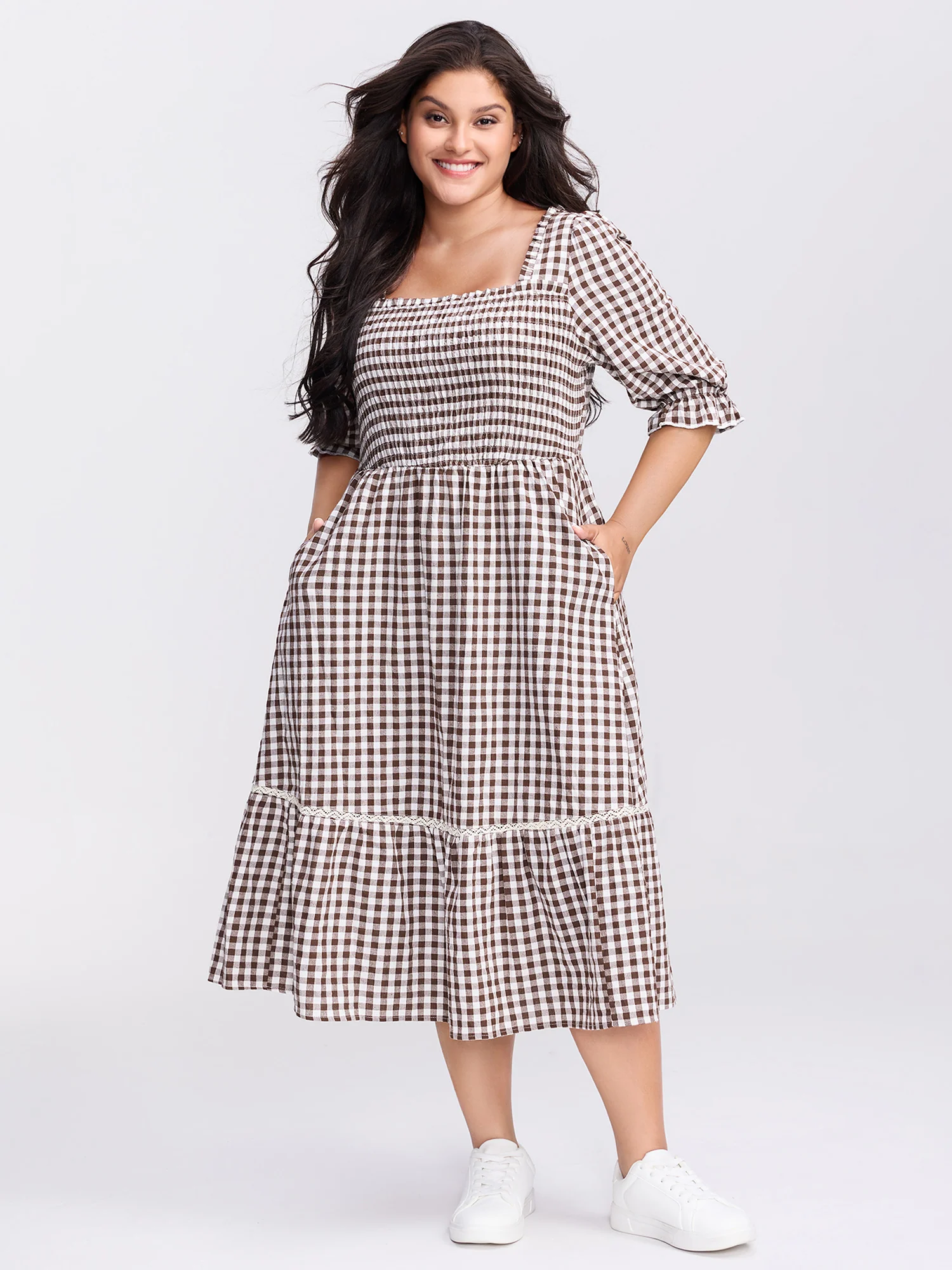Gingham Lace Shirred Tiered Midi Dress