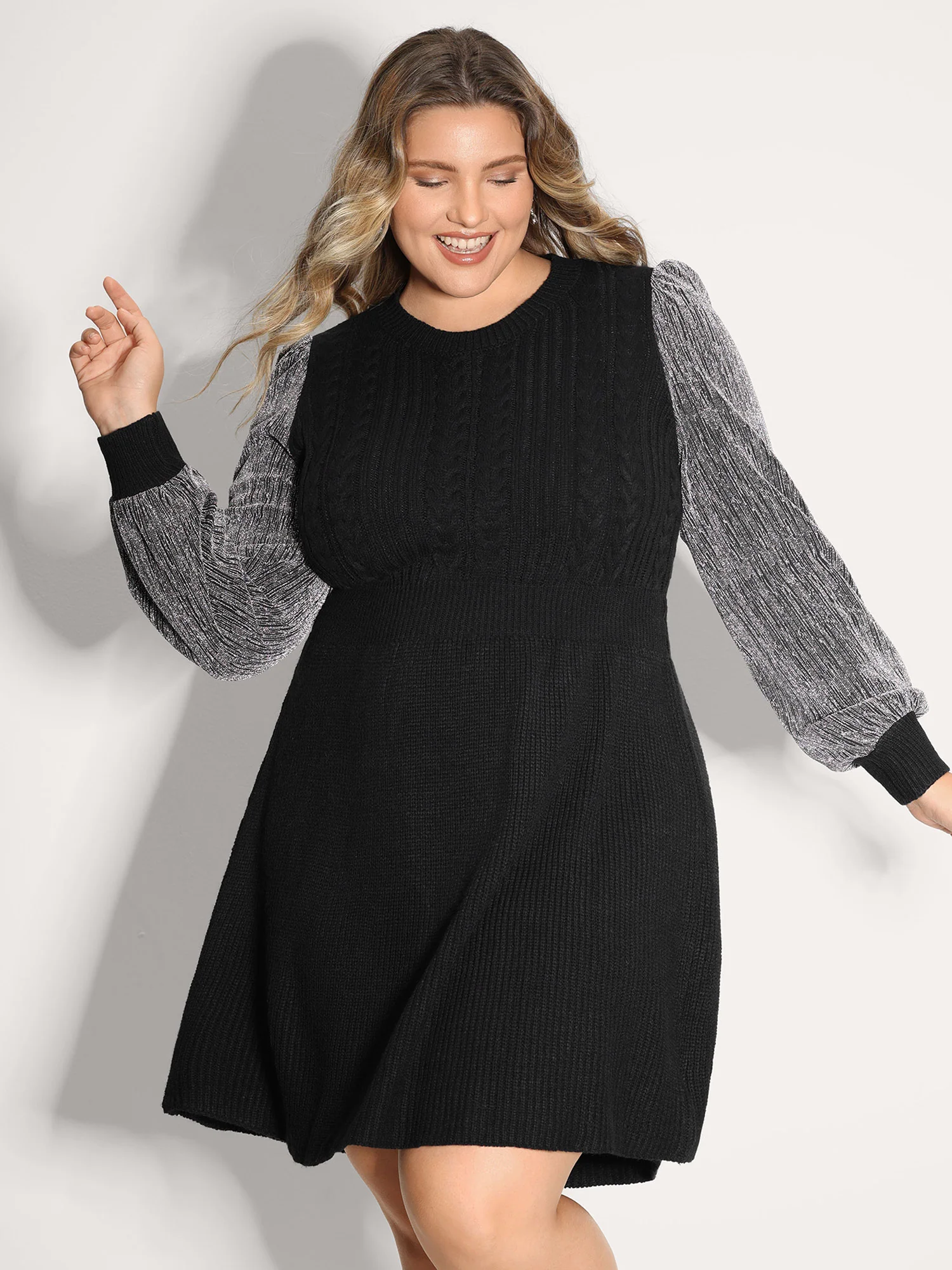 Glitter Textured Contrast Sleeve Midi Sweater Dress