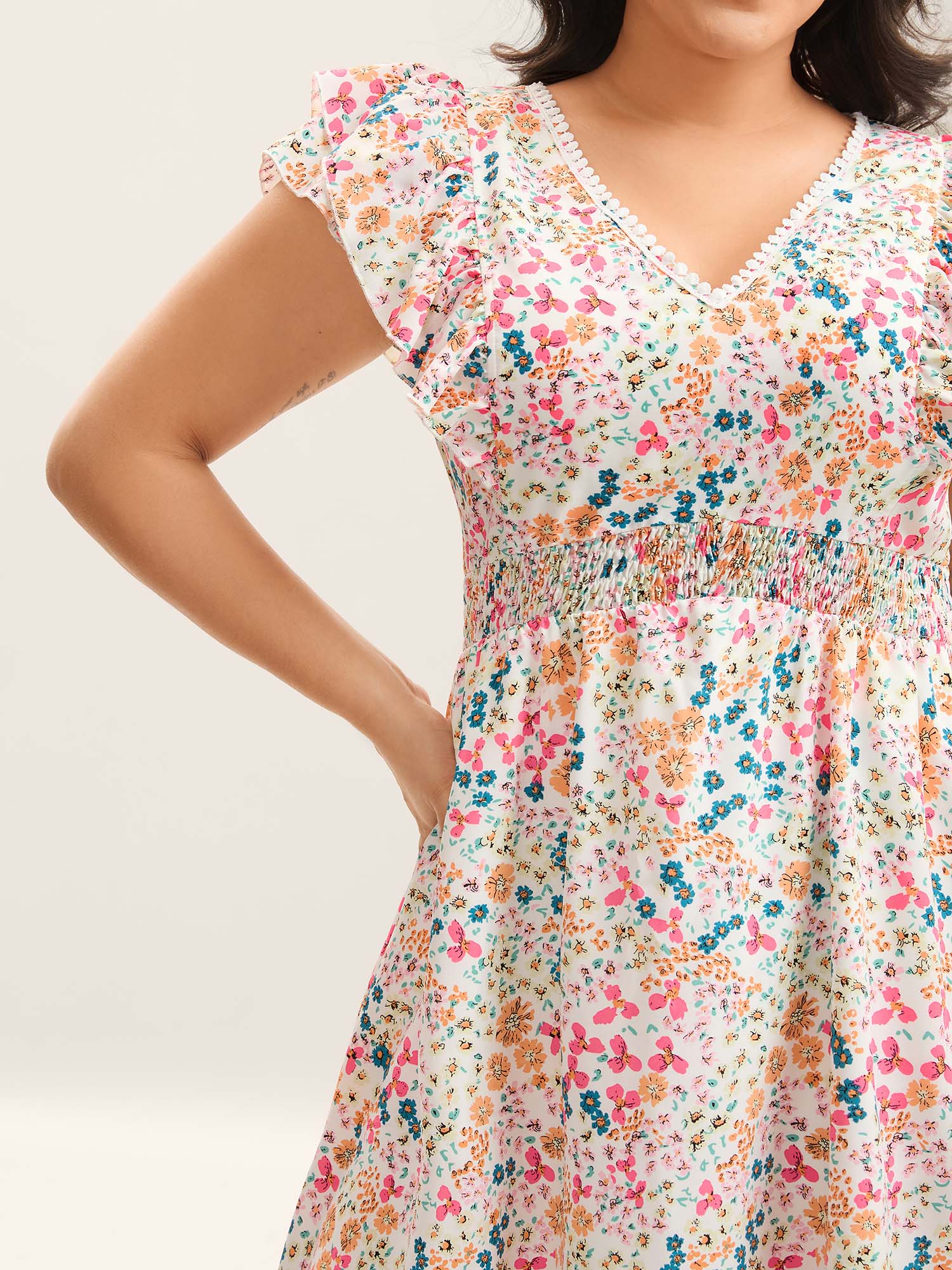 Sweet Floral Print Lace Neck Midi Dress