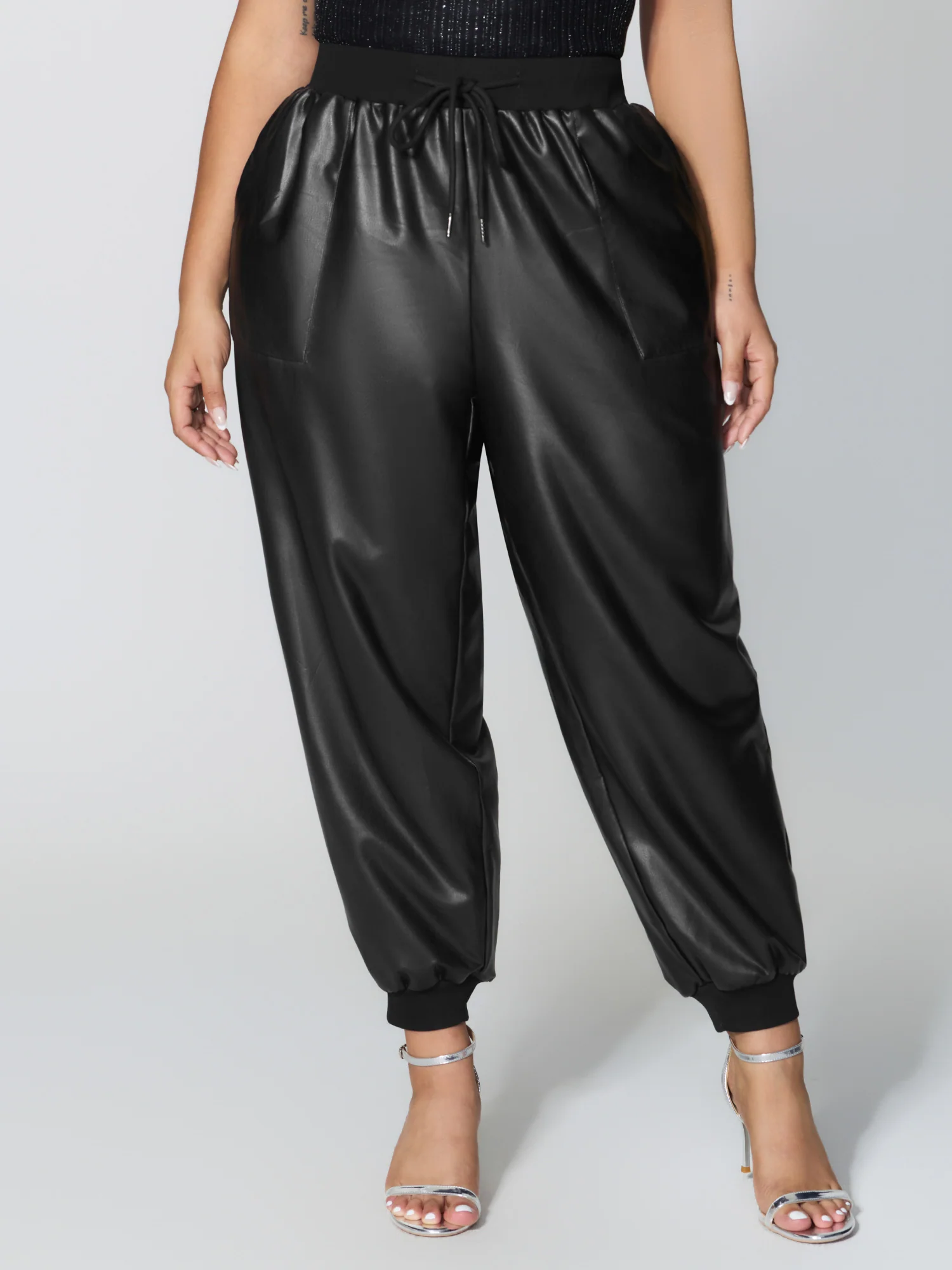 Ribbed Trim Spliced Leather Drawstring Pants