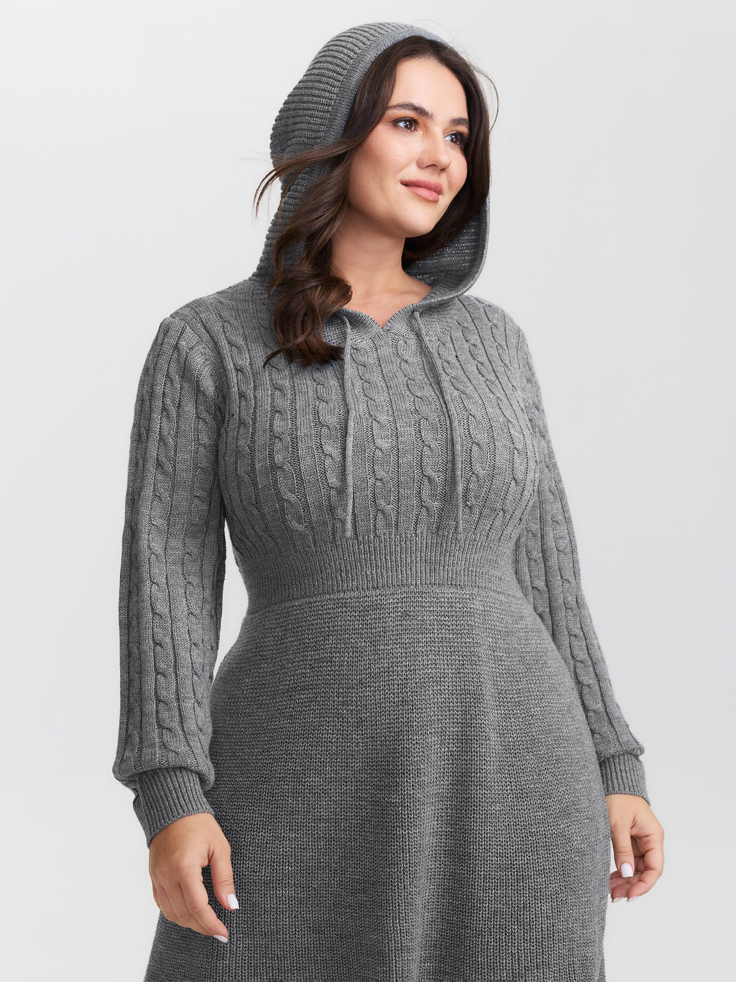Textured Hooded Waist-Defining Sweater Dress