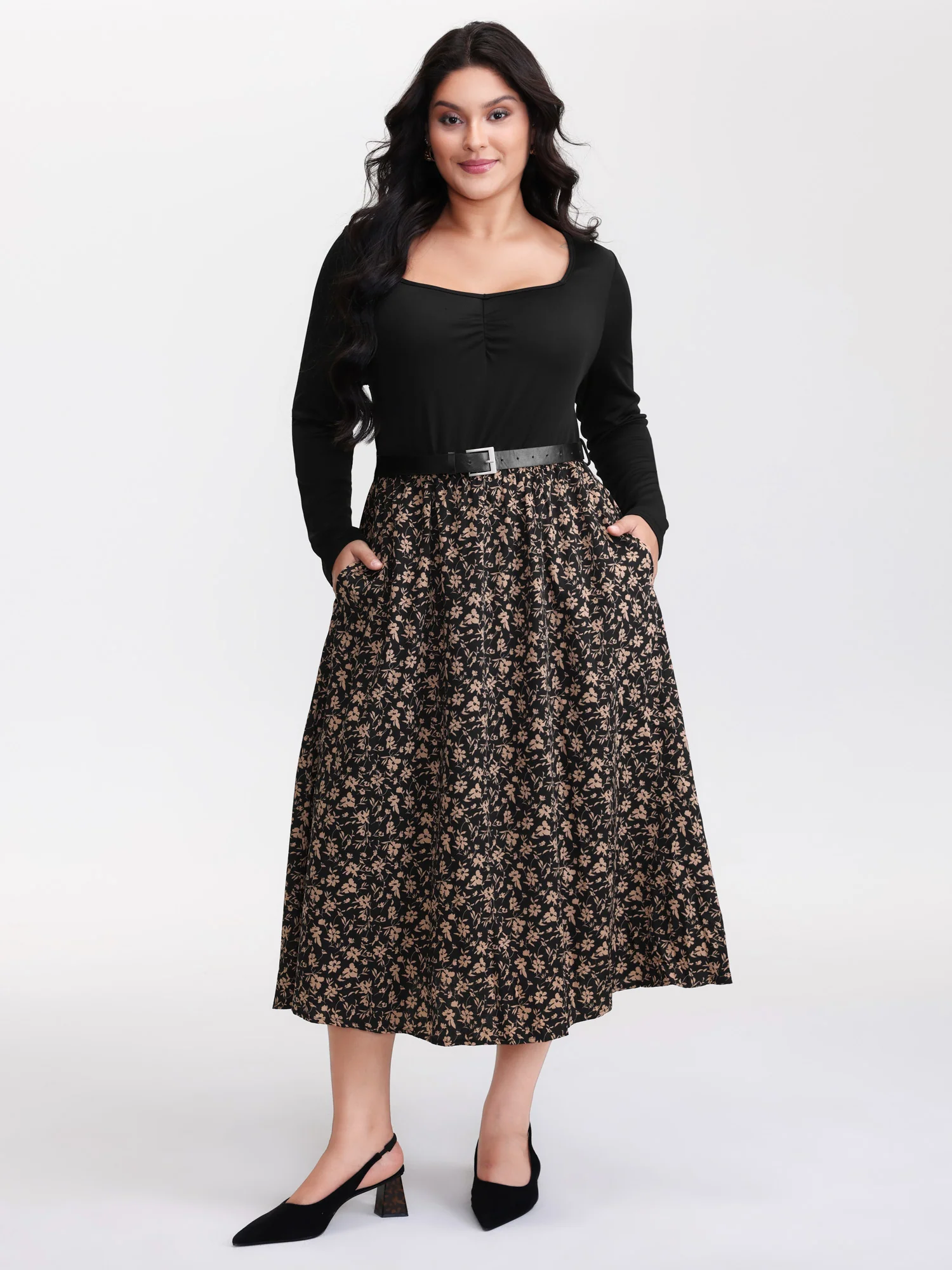 Floral Ruched Detachable Belt Maxi Dress