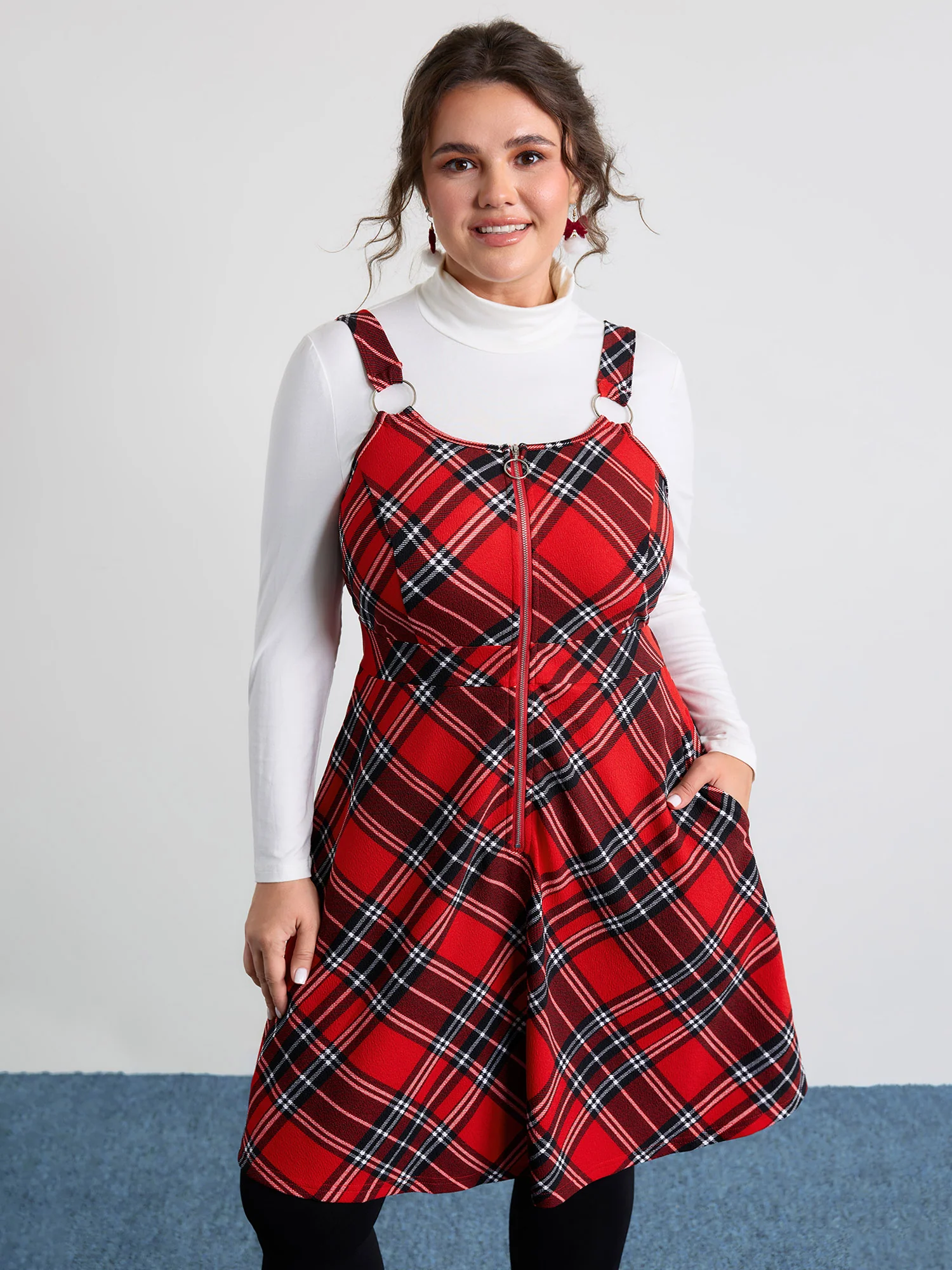 Plaid Print Zipper Overall Straps Mini Dress