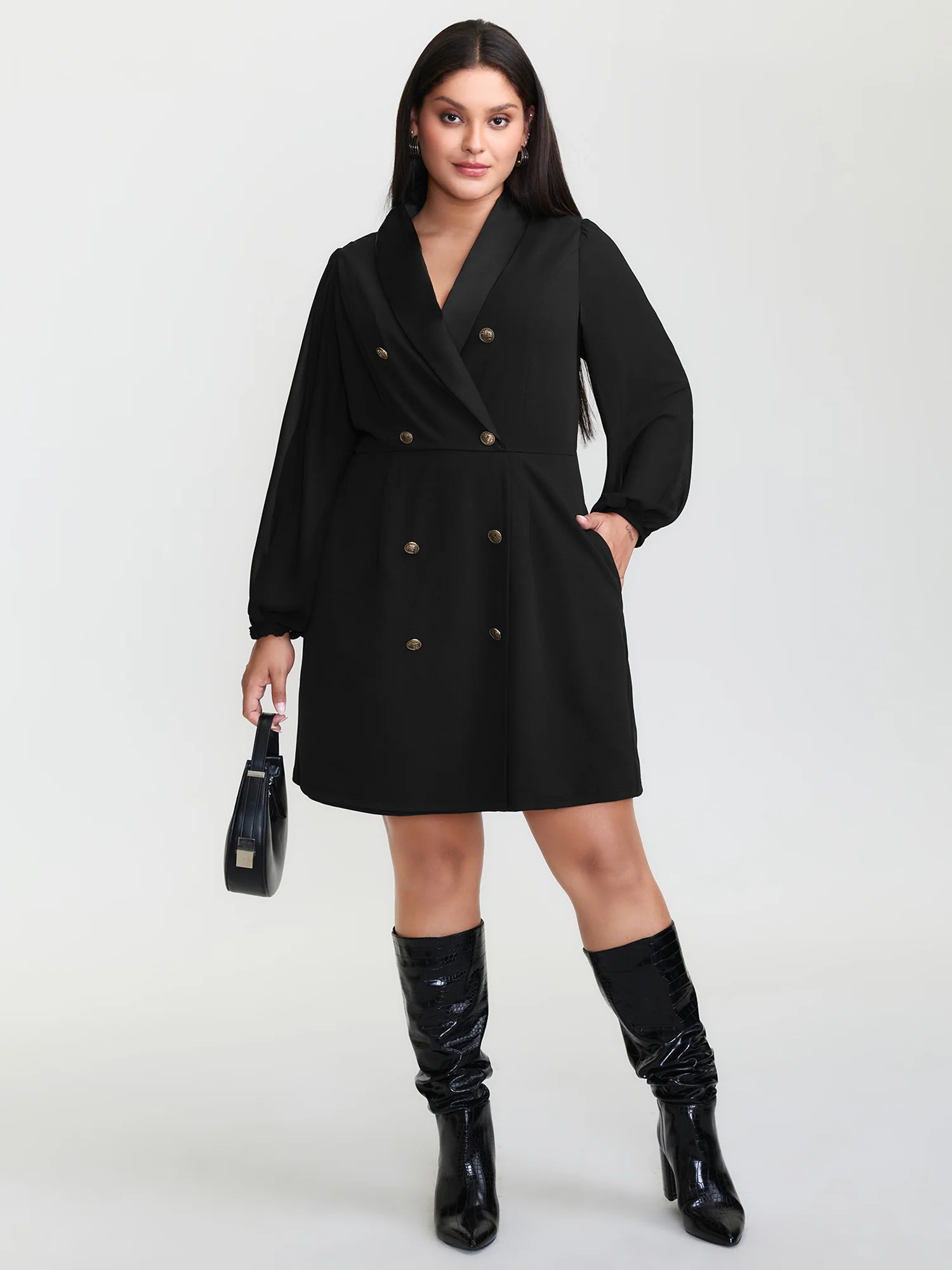 Stretchy Double Button Pockets Blazer Dress