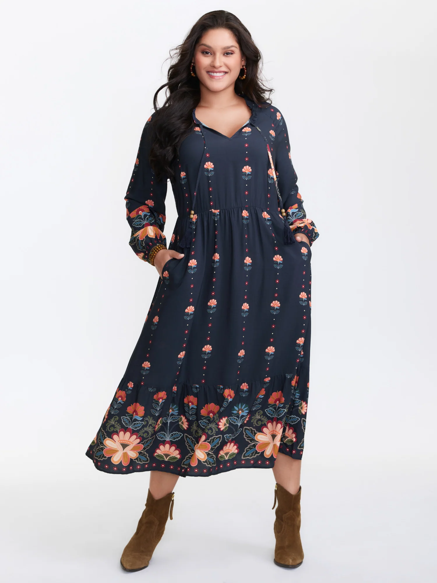 Boho Print Neck Tie Maxi Dress