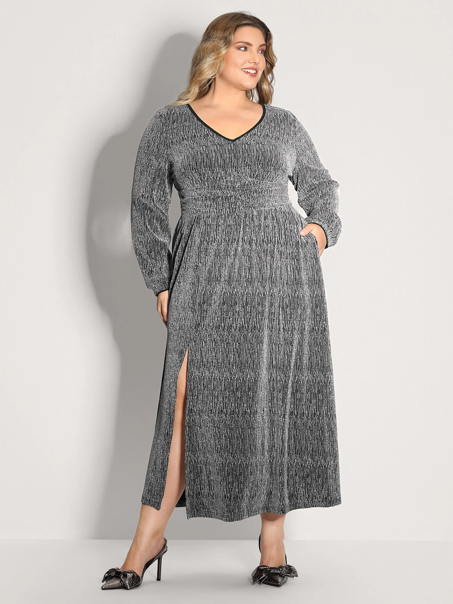 Lurex Side Slit Pleated Waist Maxi Dress