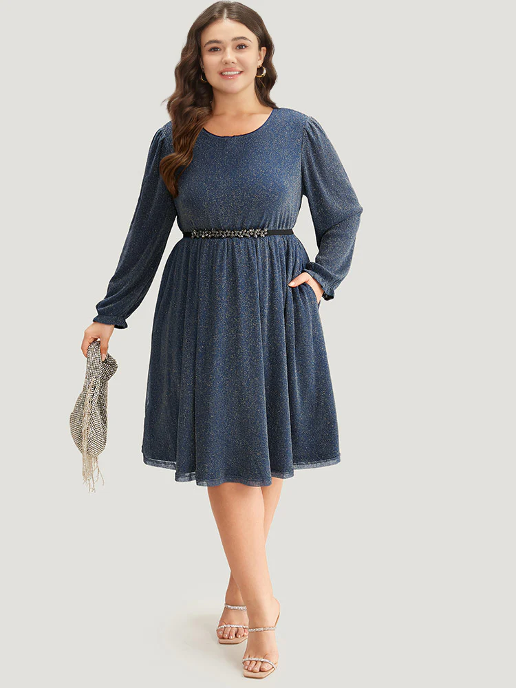 Glitter Crew Neck Pocket Pleated Dress