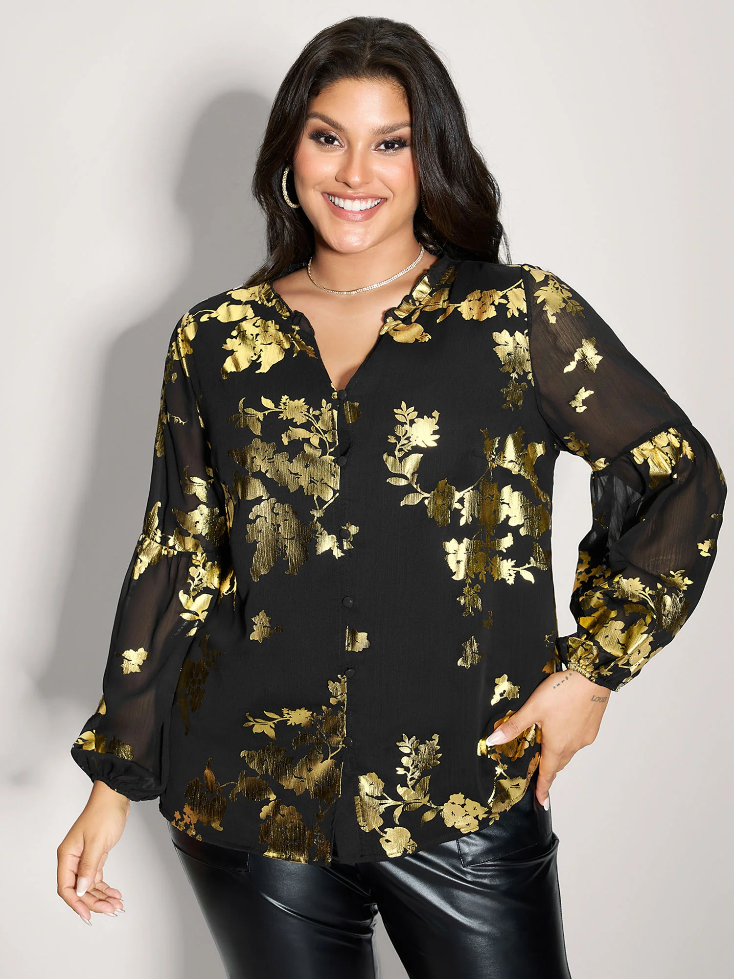 Floral Gold Stamp Sheer Button-Down Shirt