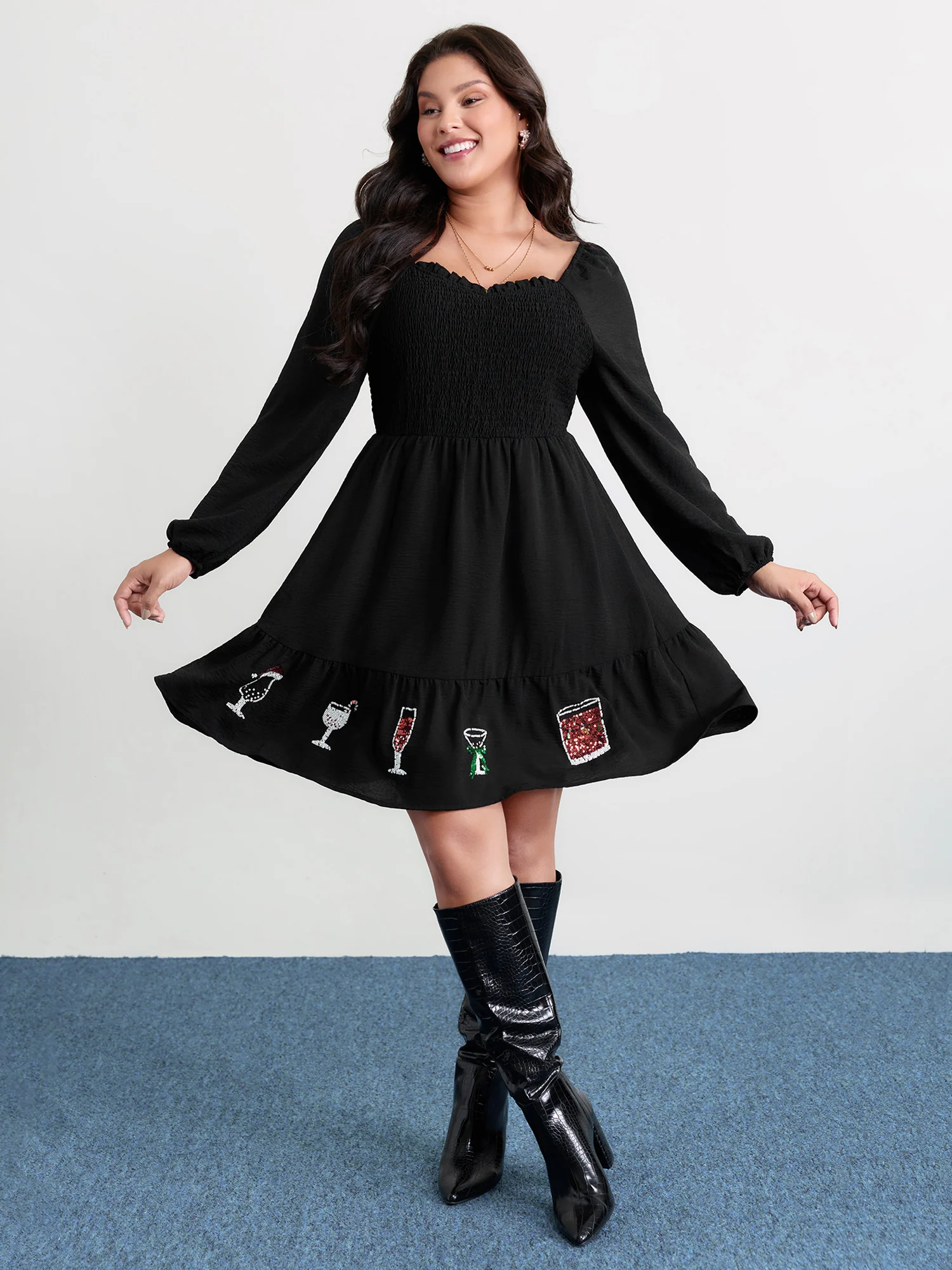 Colorful Sequin Embroidery Tiered Knee Dress