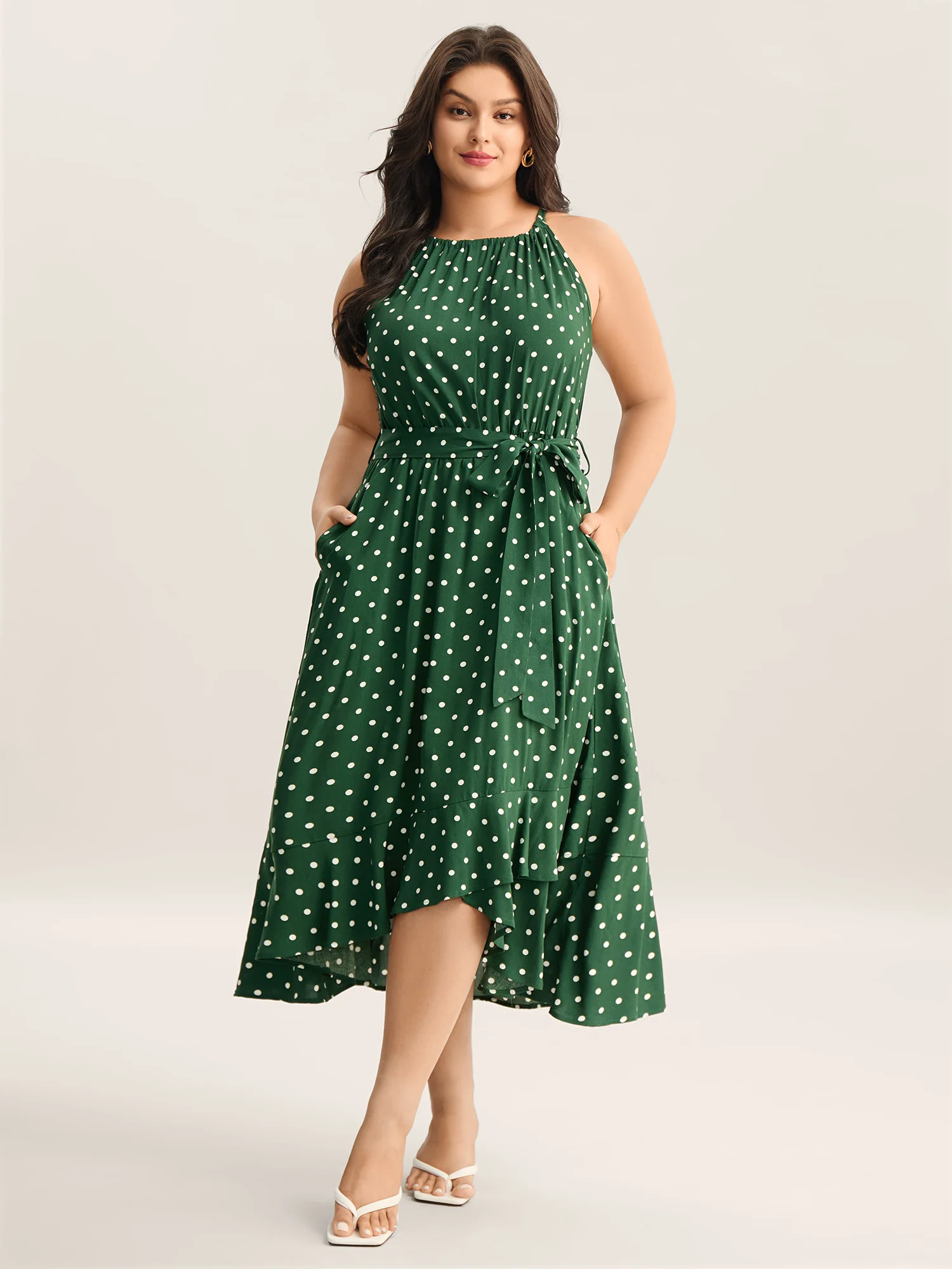 Polka Dots Halter Neck Belted Midi Dress