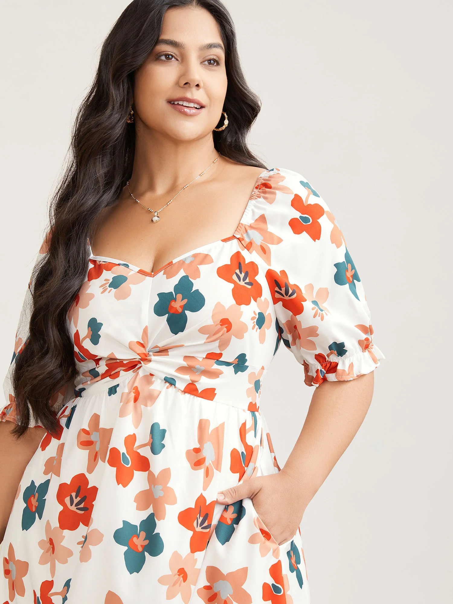 Sweet Floral Front-Twist Lined Maxi Dress