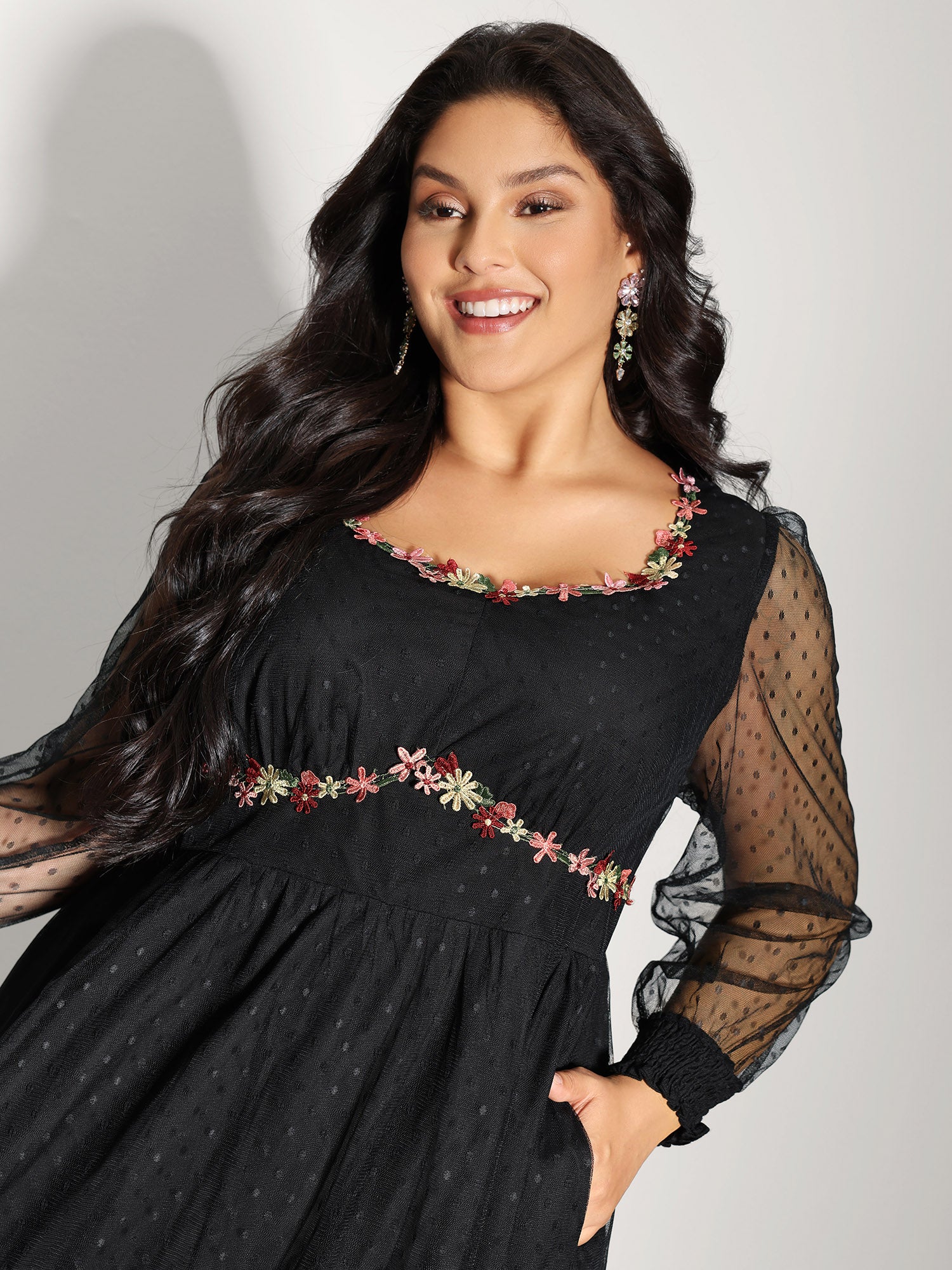 Floral Embroidery Sheer Detail Midi Dress