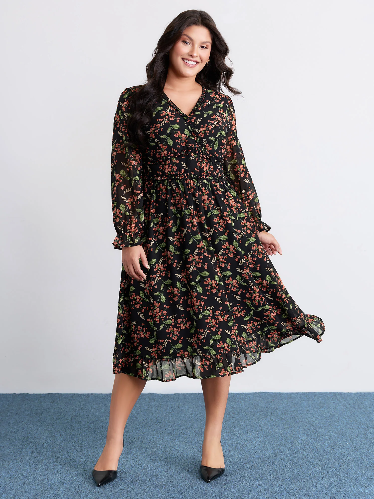 Chiffon Floral Ruffled Trim Pockets Midi Dress