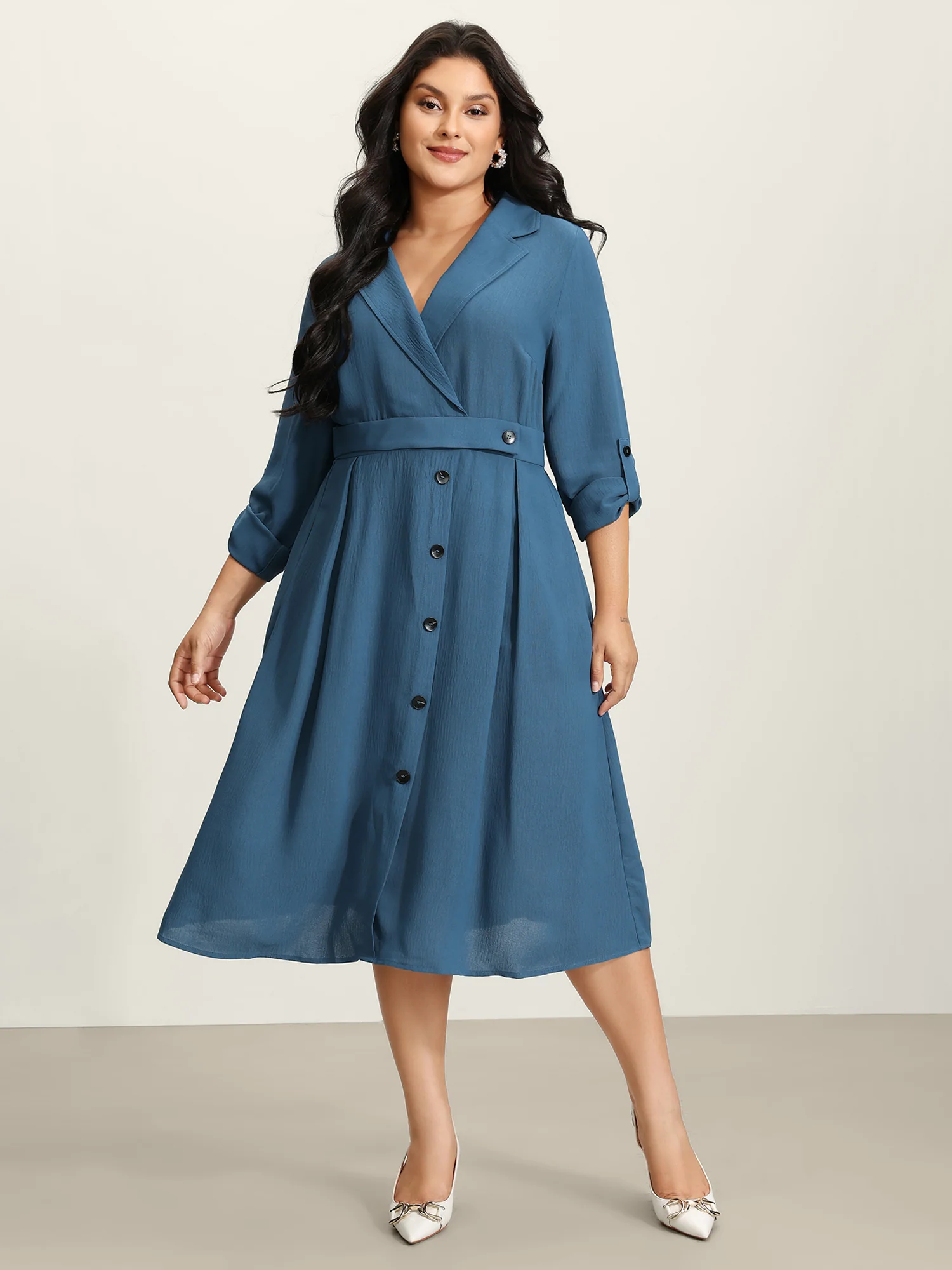 Button Detail Waist-Defining Midi Dress