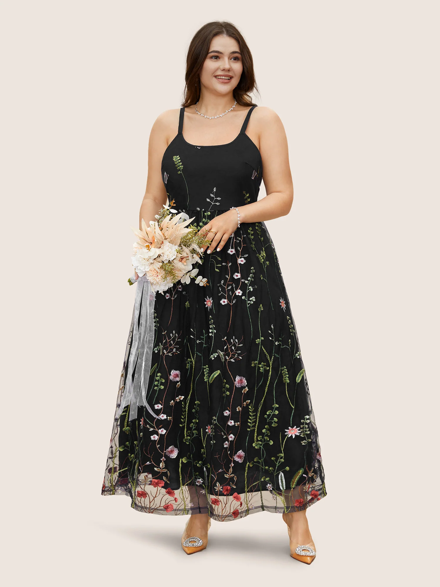 U Neck Floral Embroidered Mesh Cami Dress