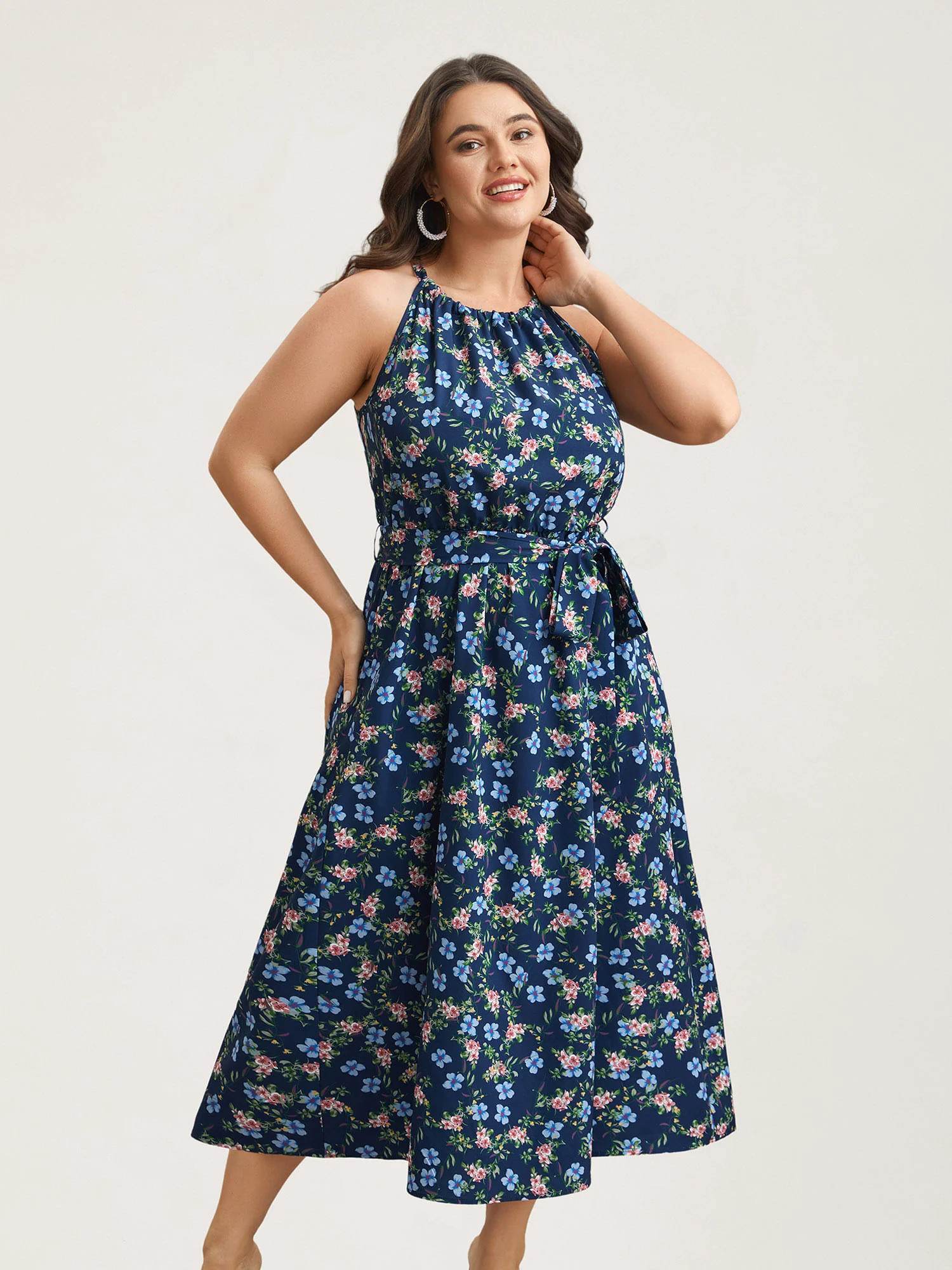 Floral Print Belted Stretchy Waist Midi Dress