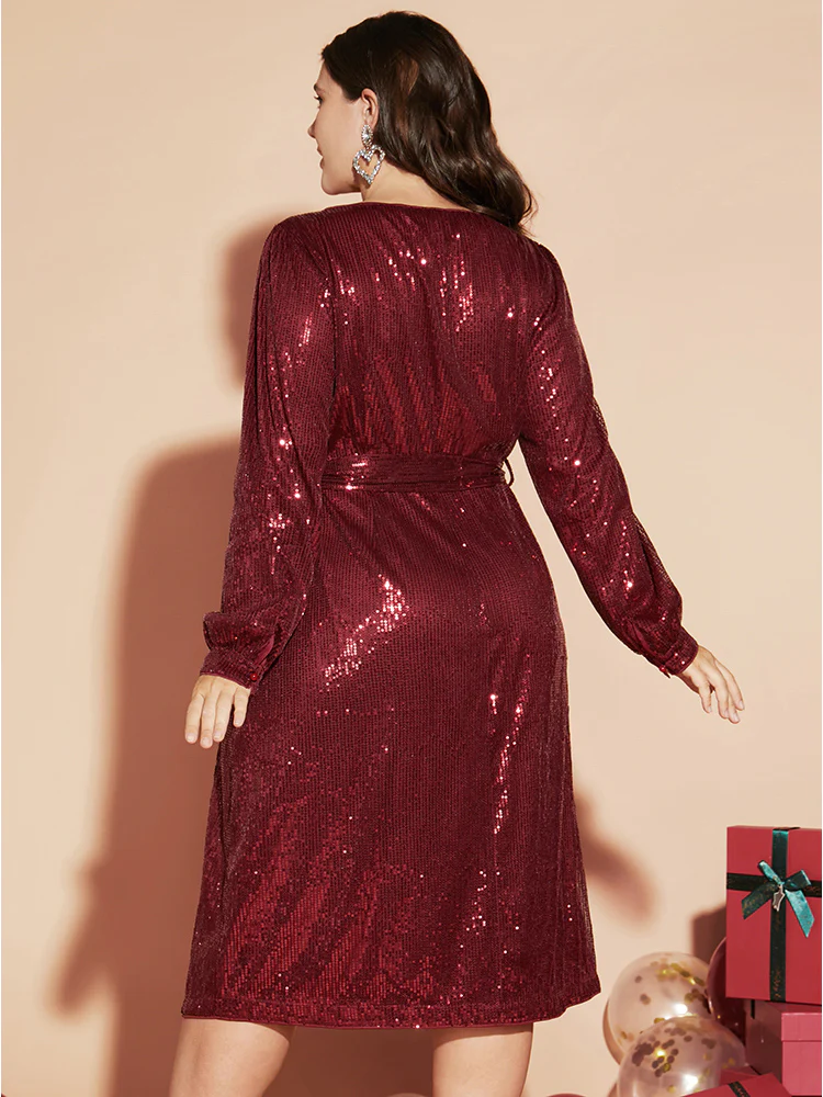 Solid Square Neck Lantern Sleeve Belted Sequin Dress