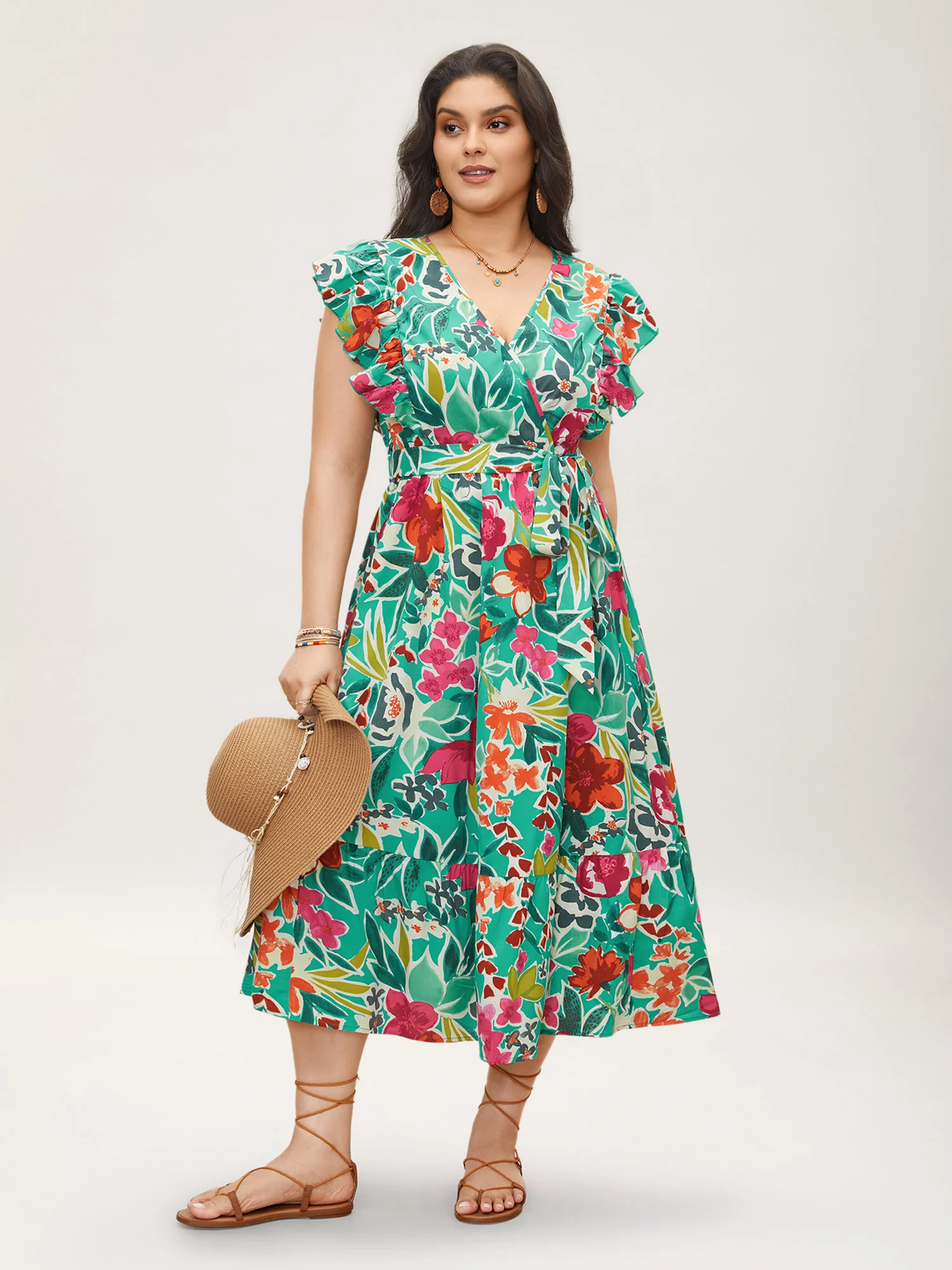 Floral Wrap Patchwork Ruffle Cap Sleeve Dress