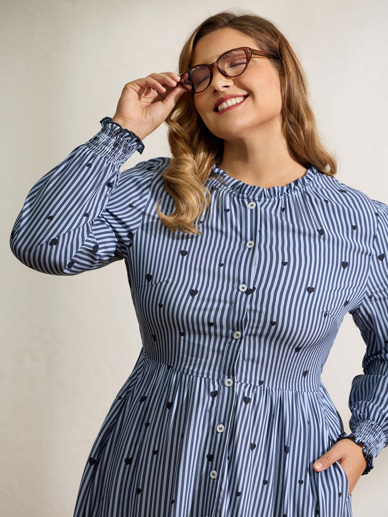 Stripe Hearts Pocket Shirt Maxi Dress