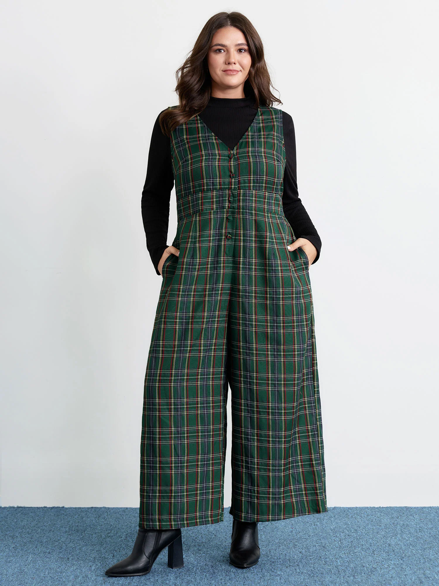 Plaid Print V-Neck Straight-Leg Jumpsuit