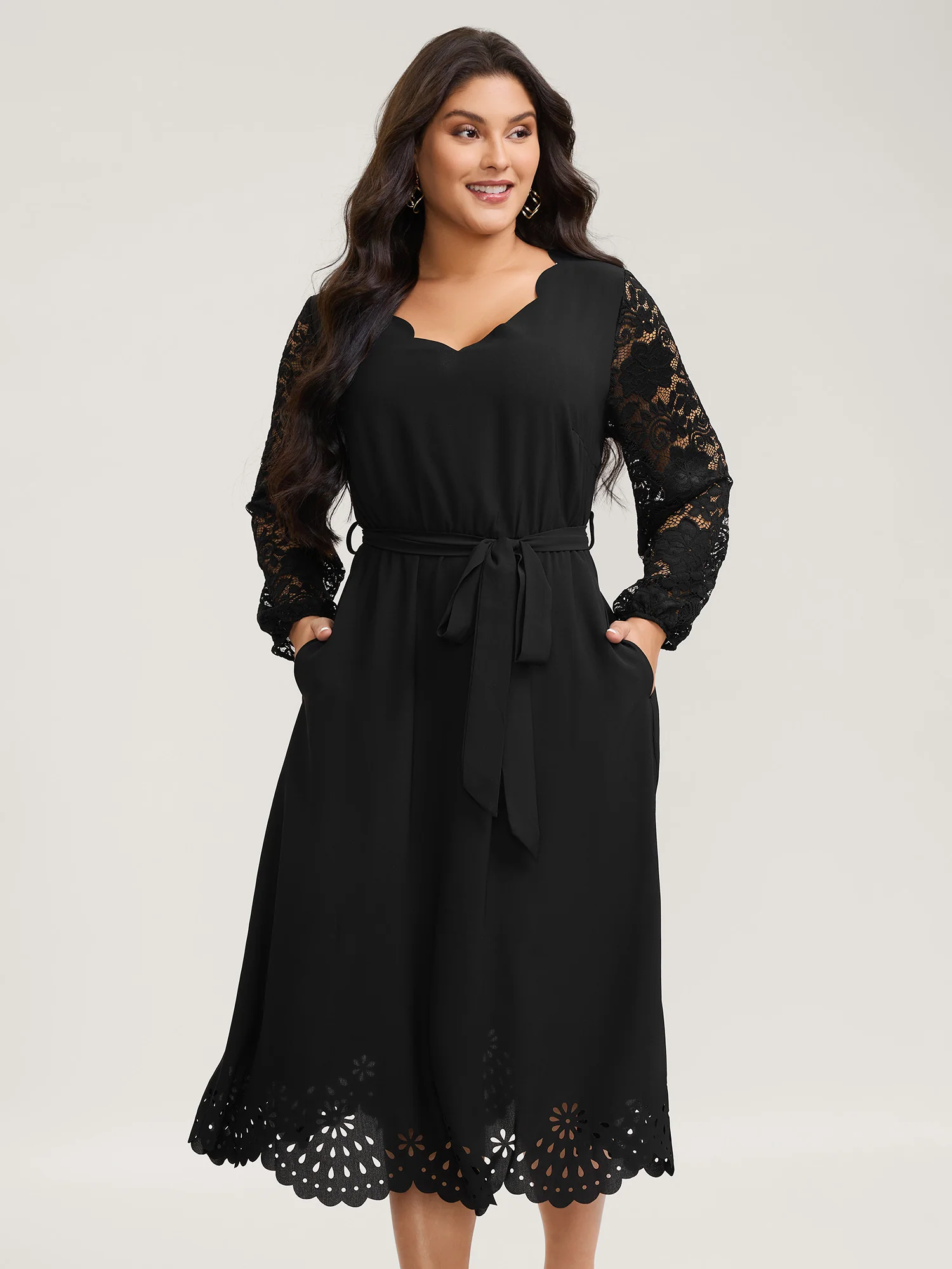 Sheer Floral Embroidered Scalloped Neck Midi Dress