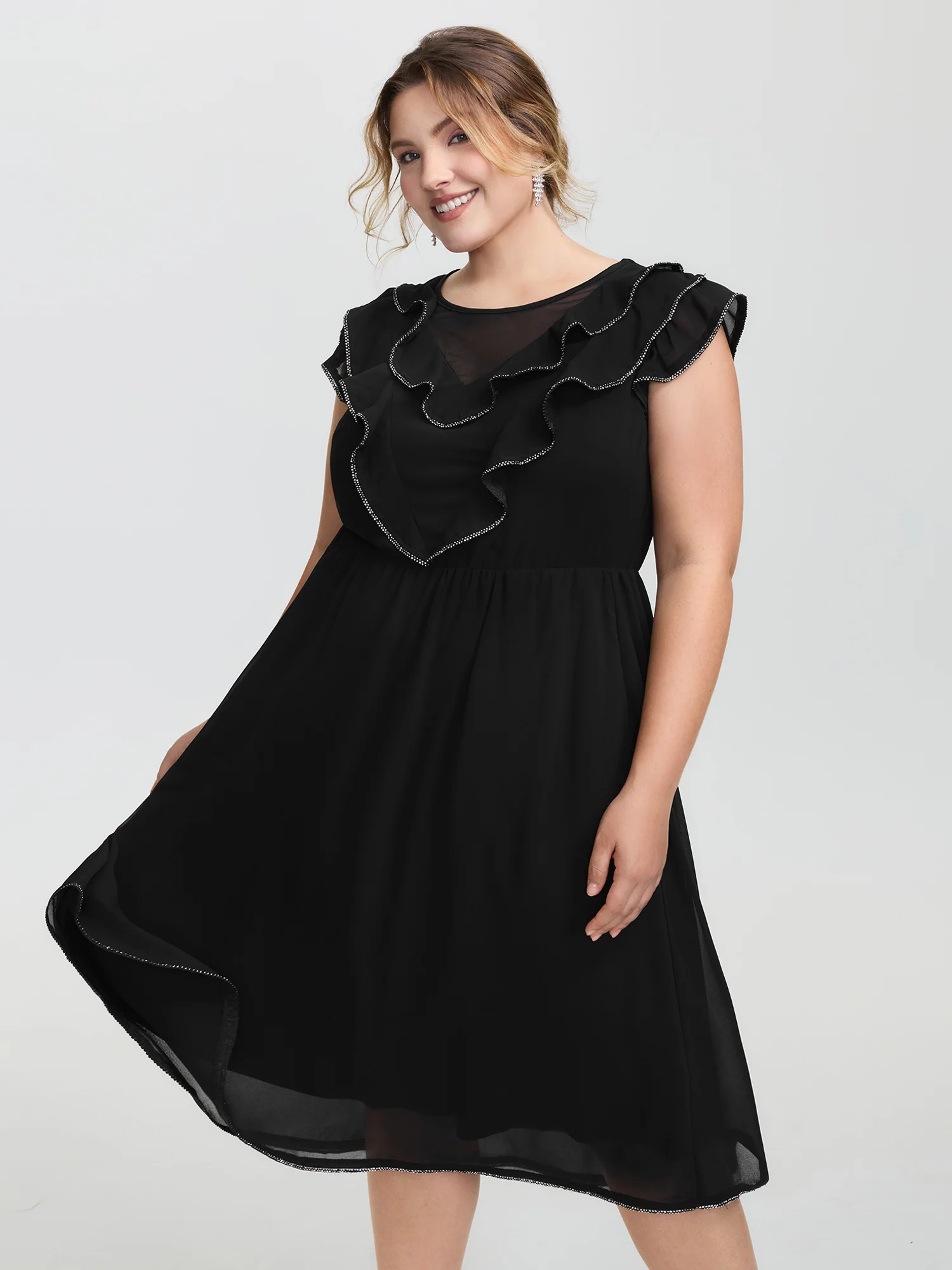 Sheer Rhinestone Chain Trim Ruffled Midi Dress