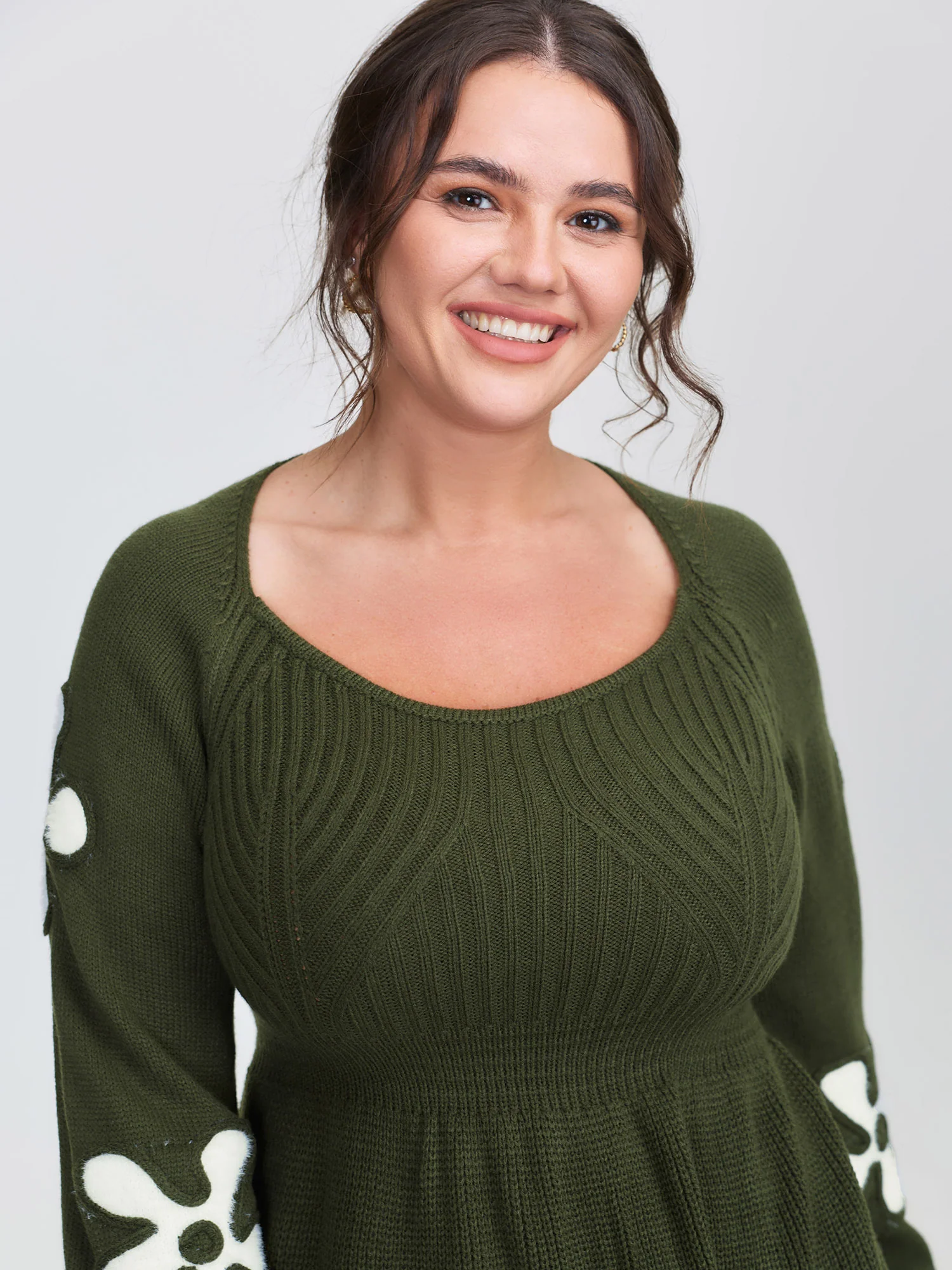 Floral Cord Embroidered Cinched-Waist Sweater Dress