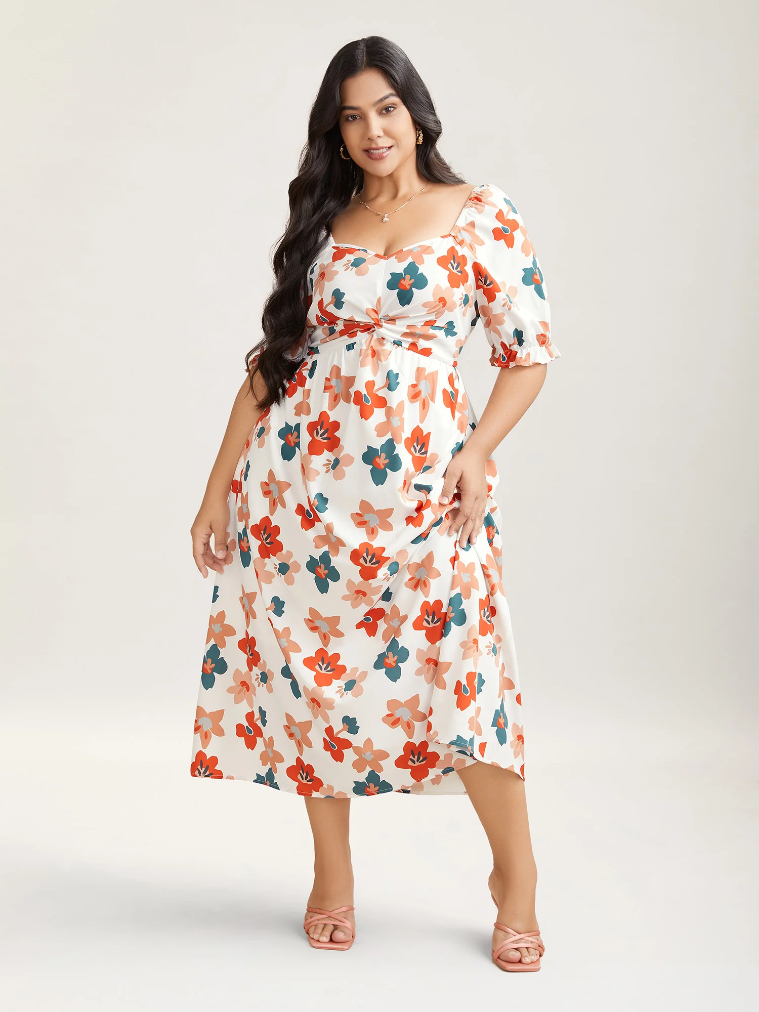 Sweet Floral Front-Twist Lined Maxi Dress