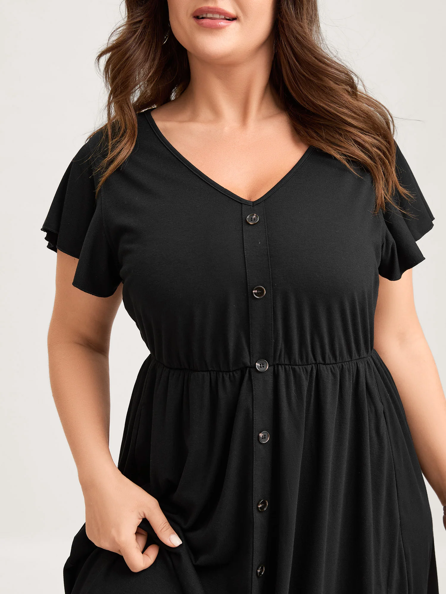 Supersoft Button Detail Deep V-Neck Midi Dress