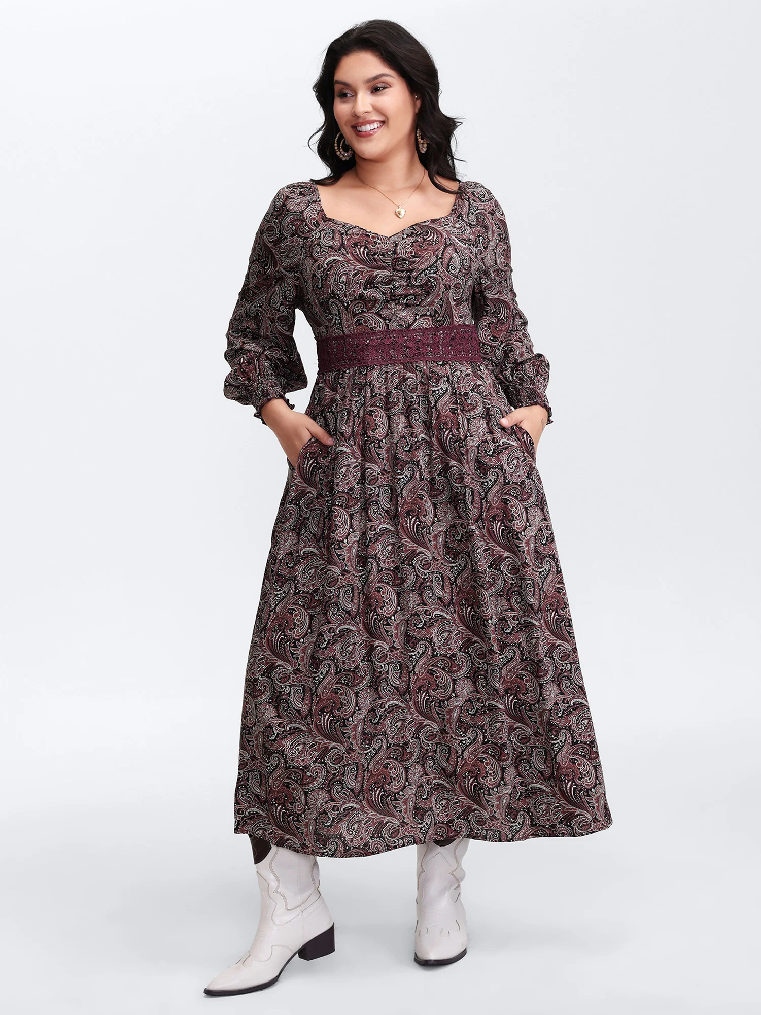 Paisley Print Lace Patchwork Midi Dress