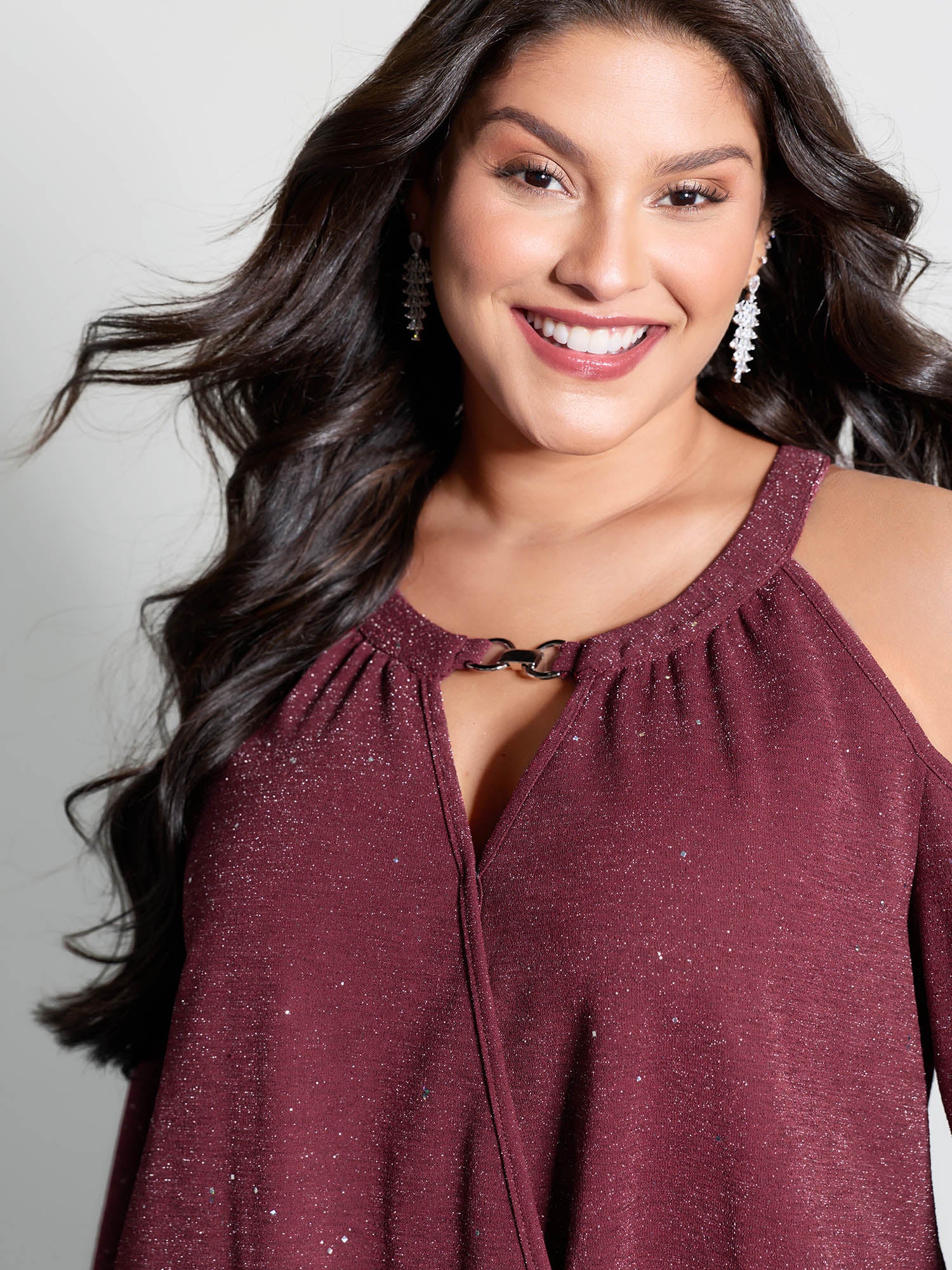 Shimmery Silk Wrap Cut-Out Shoulder Blouse