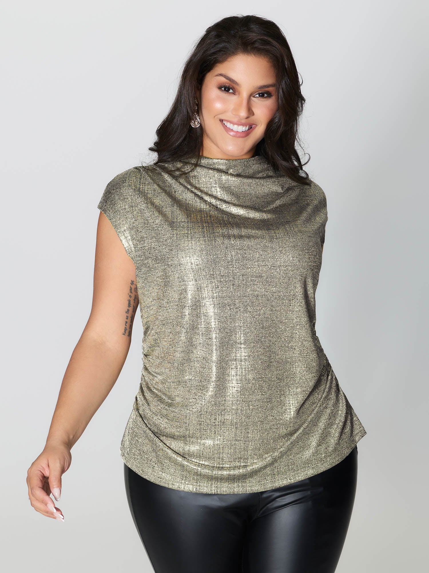 Gold Stamp Shimmery Cowl Neck Top