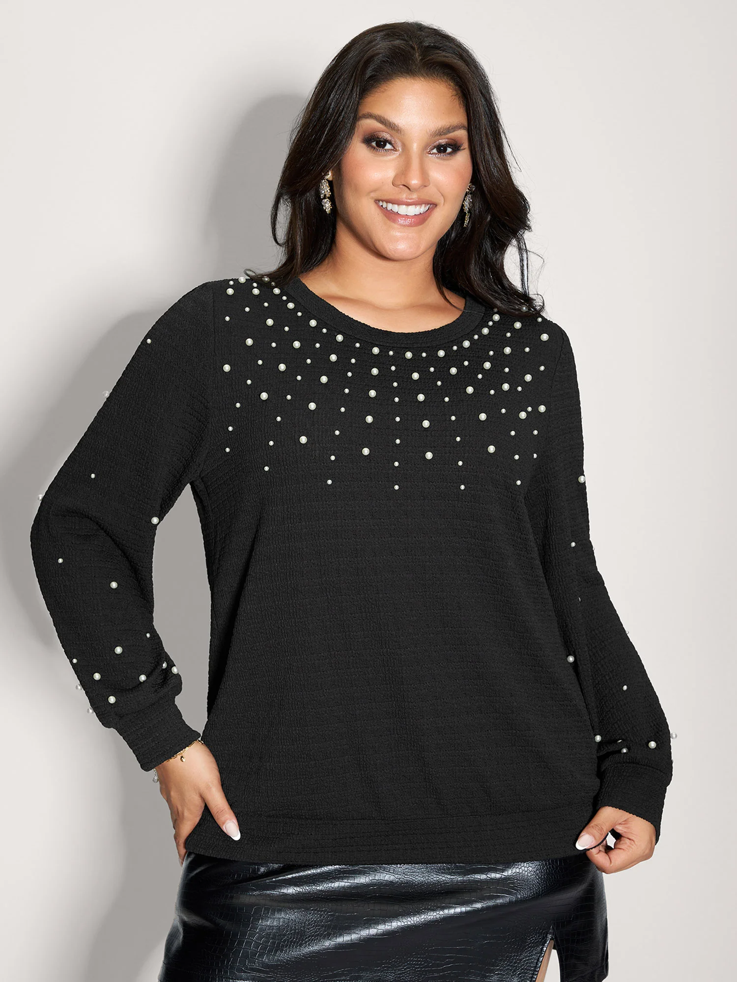 Beaded Round Neck Solid Sweatshirt