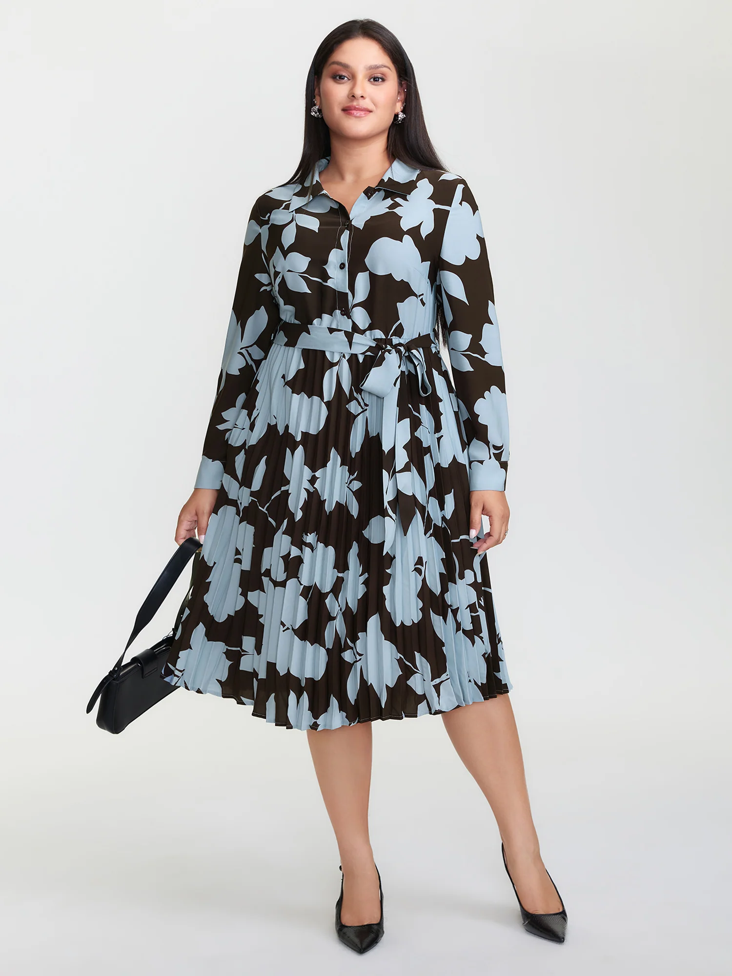 Monochrome Floral Pleated Belted Midi Dress