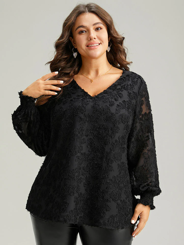 Plain Appliques Mesh V Neck Shirred Blouse