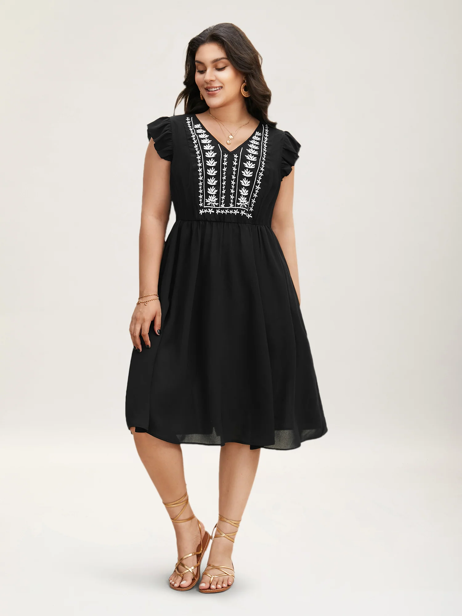 Floral Embroidered V Neck Ruffle Cap Sleeve Dress